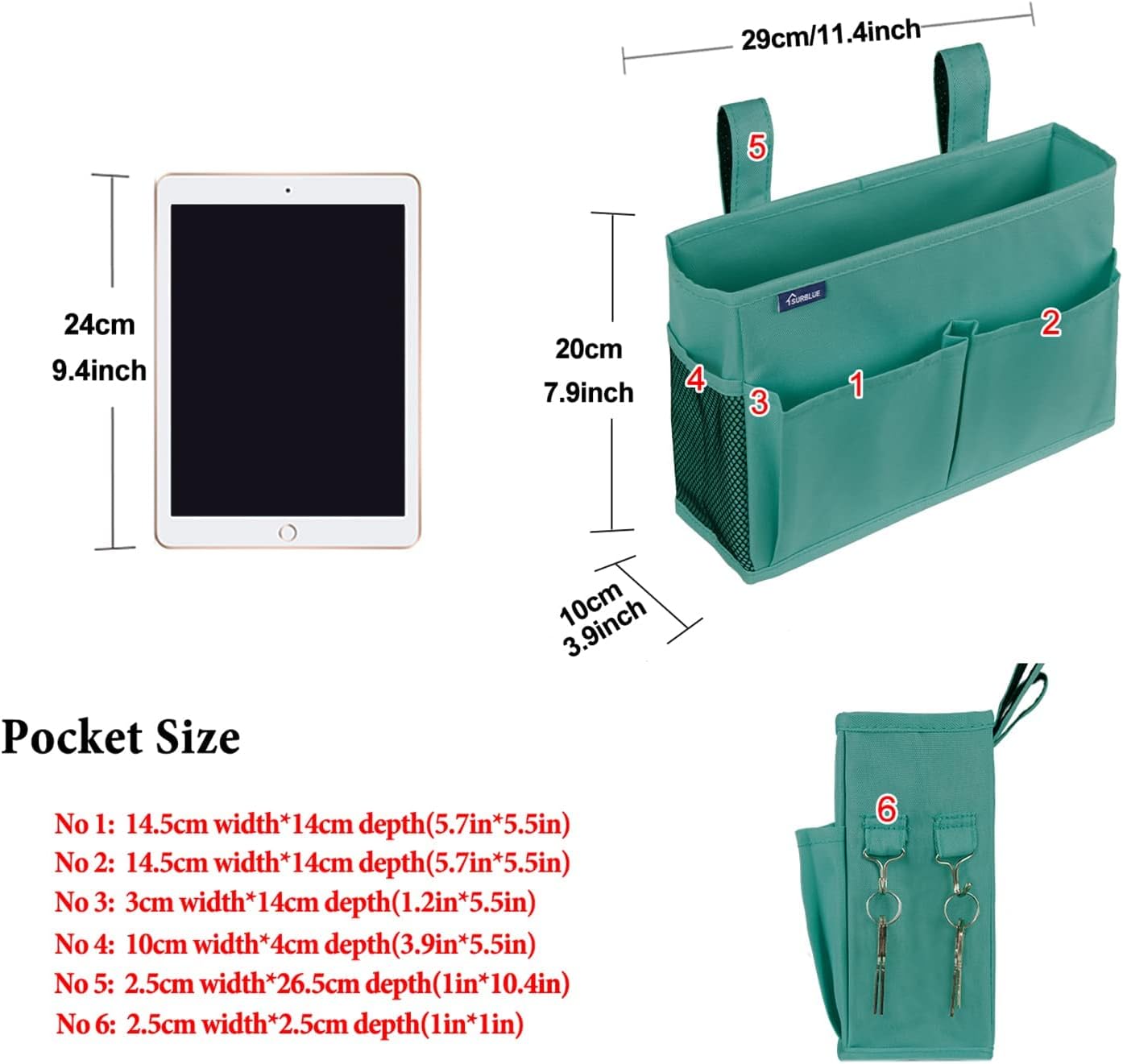 Surblue Caddy Hanging Organizer Bedside Storage Bag for Bunk and Hospital Beds, Teal, Small