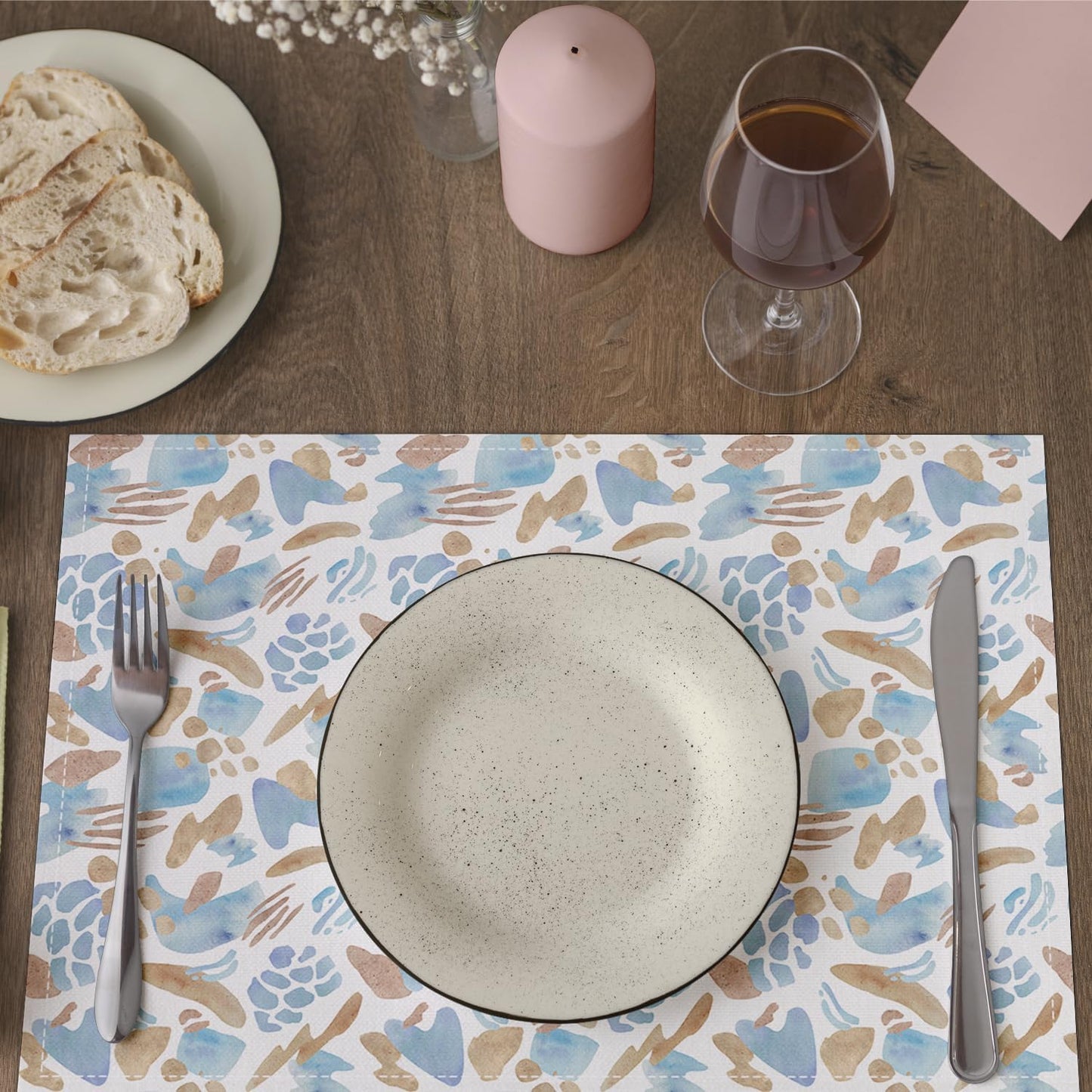 Blue and Brown Placemats Set of 4, Watercolor Table Mat for Home Kitchen, Restaurants, Outdoor Linen Washable Place Mats 12x18 inch Party Event Dining Decoration-07