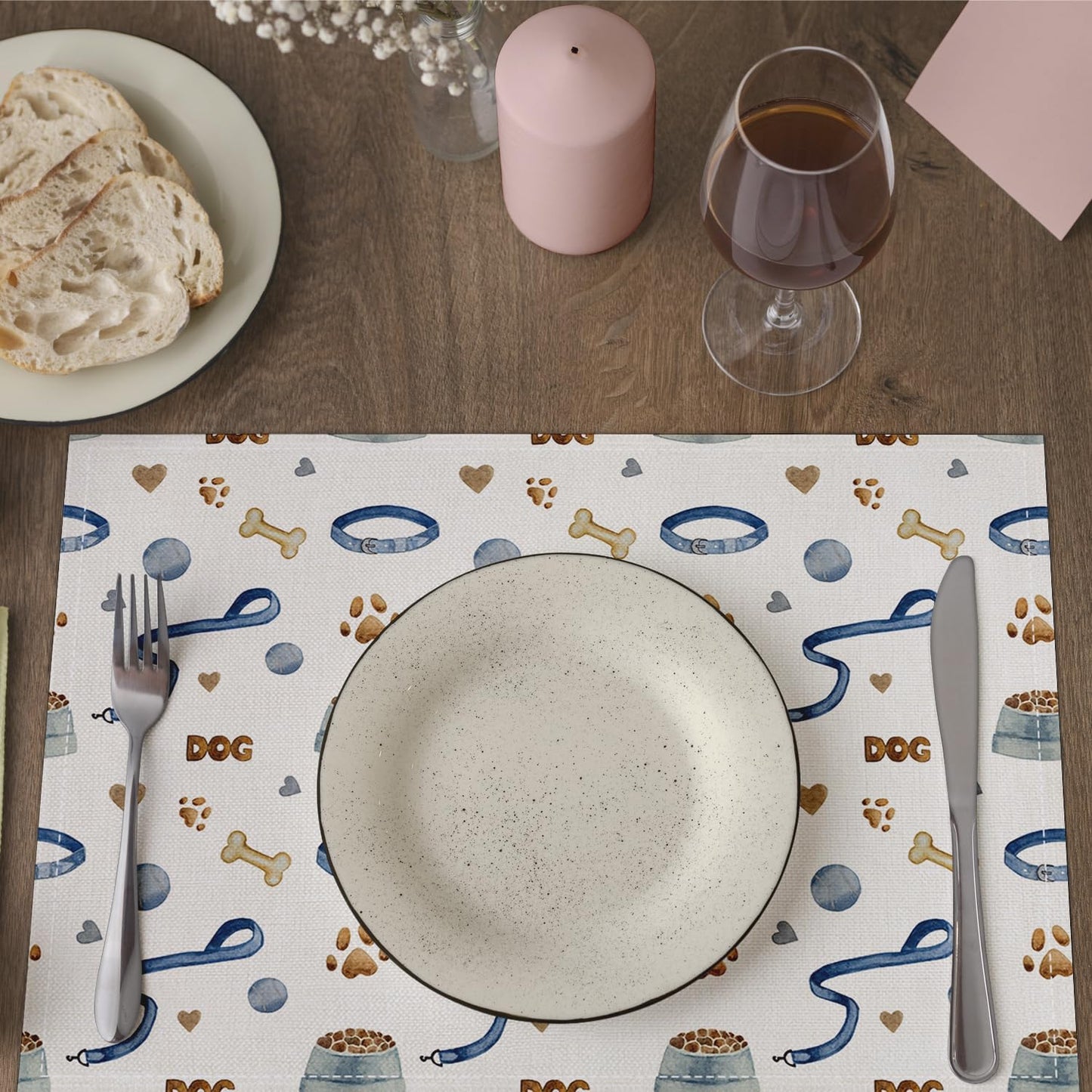 Dog Paw Print Placemats Set of 4, Puppy Pets Themed Table Mat for Home Kitchen, Restaurants, Outdoor Linen Washable Place Mats 12x18 inch Party Event Dining Decoration-08