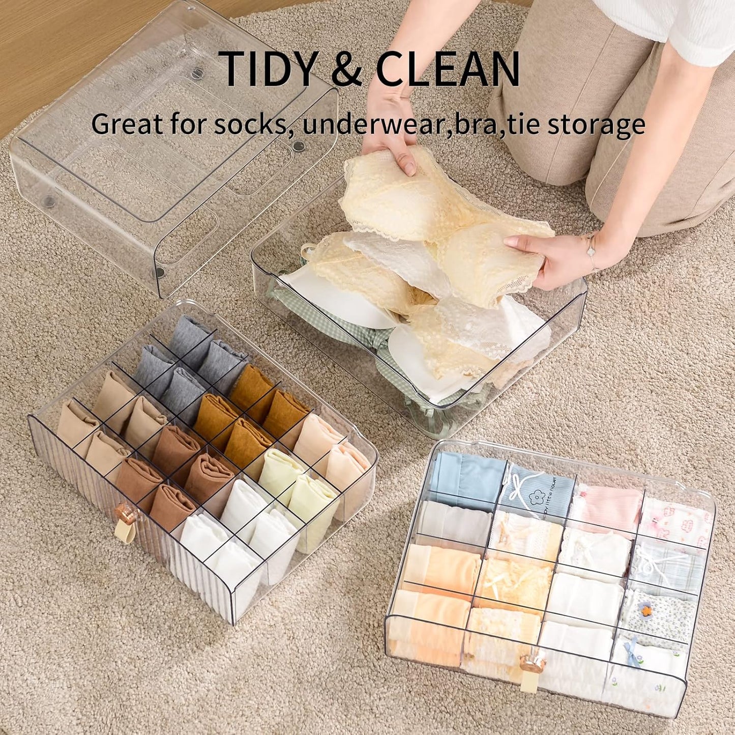 Underwear Organizer for Closet, Acrylic Socks Bra Underwear Drawer Organizer with Dividers, 24 Cell Stackable Closet Organizer and Storage Drawer for Clothing, Baby Clothes, Bra, Ties, Scarf