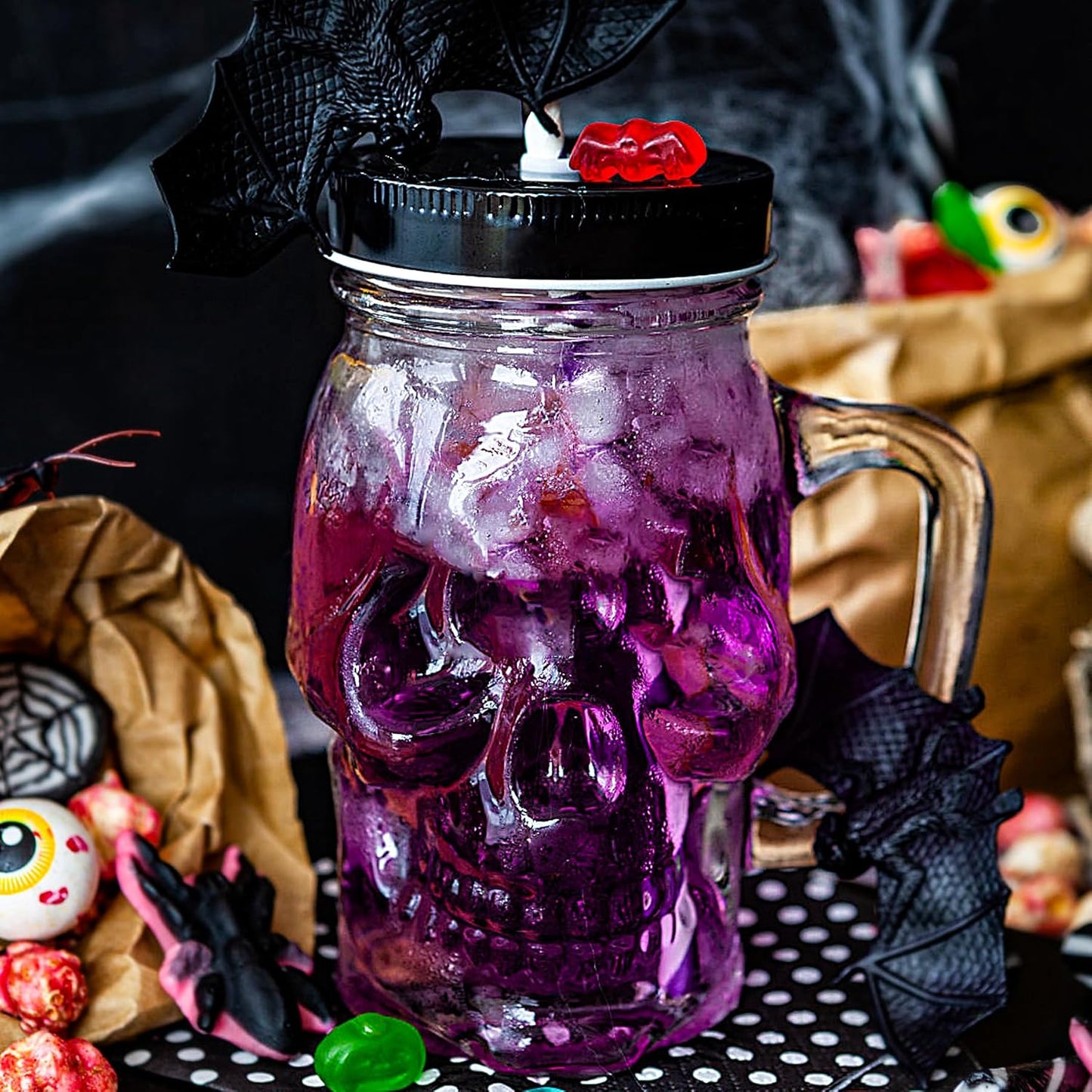 Halloween Cups Set of 4 - Skull Mason Jar with Lids Straws and Handle - Skull Drinking Glasses for Halloween Party Bar Decor (16 oz, Clear)