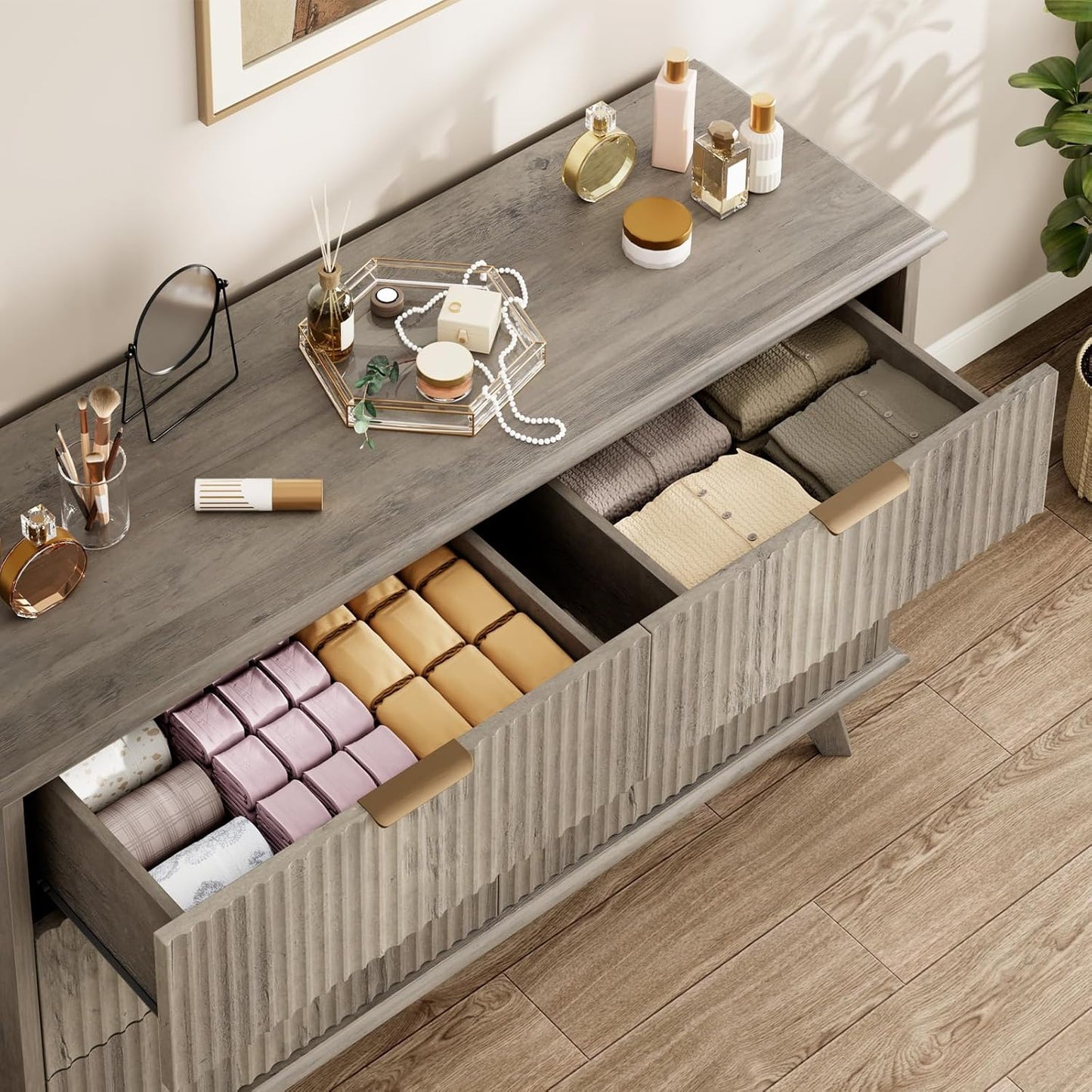 QUW Fluted Dresser for Bedroom with 6 Drawers, 47.2" Wide Modern Chest of Drawers with Metal Handle, Wooden Dresser TV Stand and Closet Clothes Storage Organizer for Living Room, Hallway, Grey