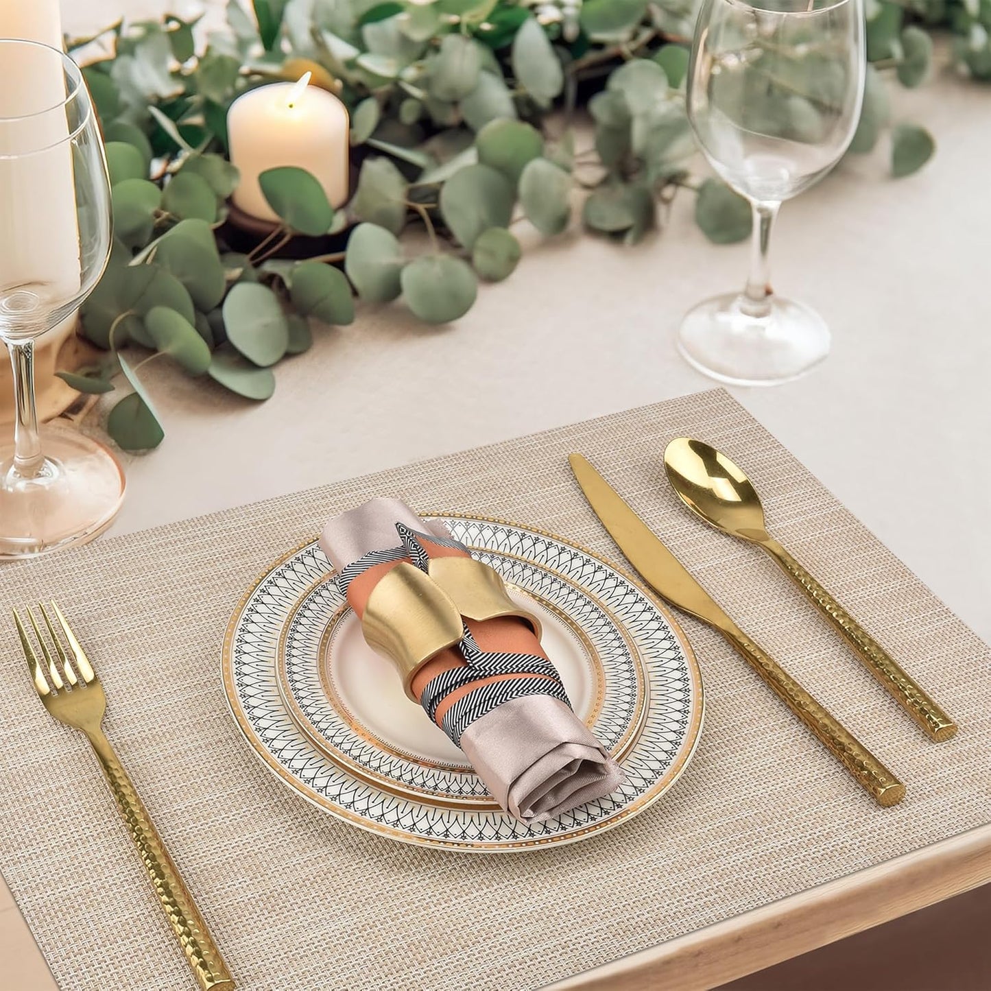 Placemats Set of 6 - Easy Clean Washable Vinyl Placemats - Wipeable Heat Resistant Table Mats for Dining Table - 17.7x11.8 Inch (6, Beige)