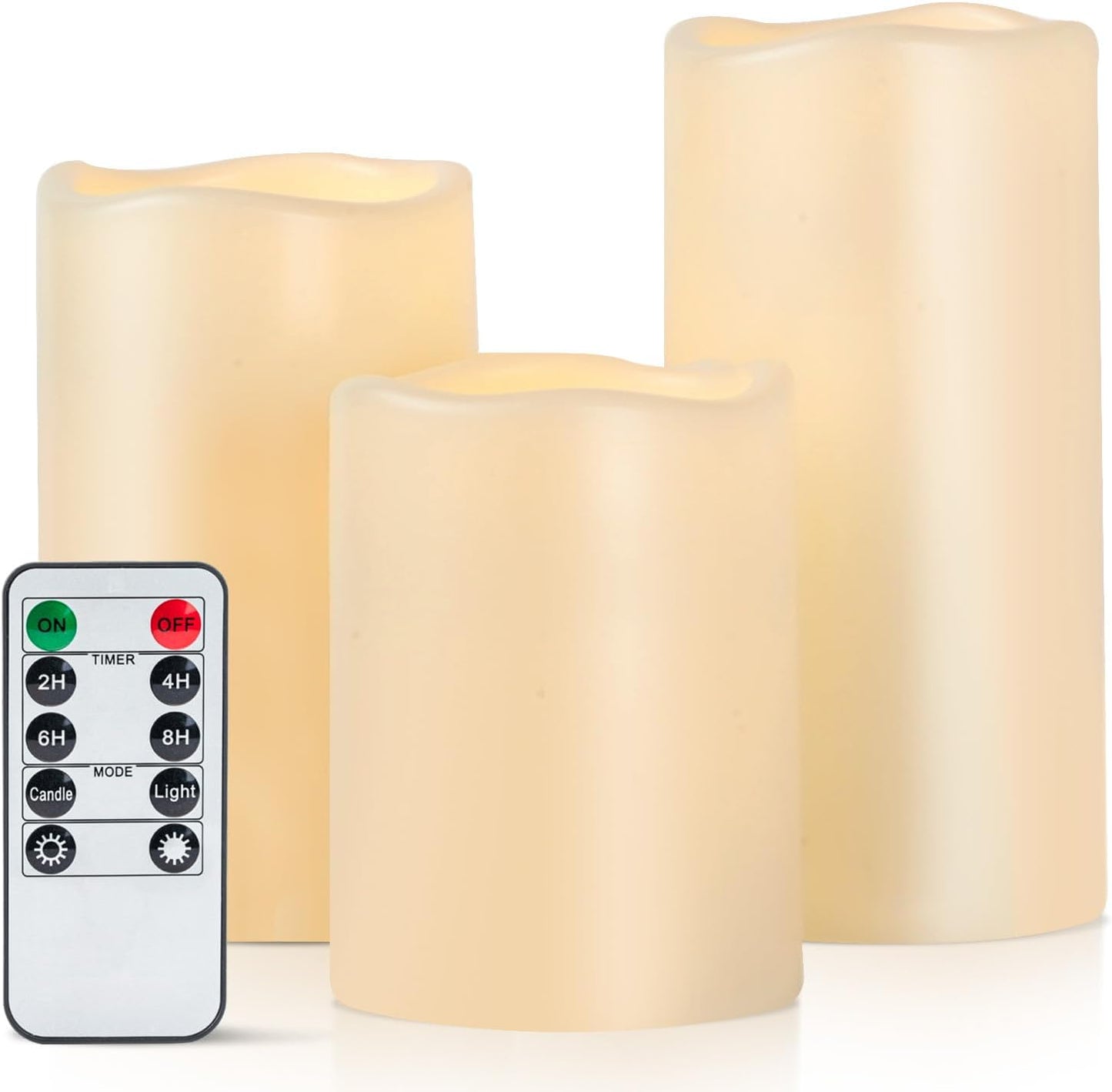 Amagic Outdoor Waterproof Flameless Candles with Timer, Battery Operated Candles with Remote Control, D3 x H4 5" 6" Electric LED Pillar Candle for Outside Patio, Garden, Indoor Decor, Ivory, Set of 3