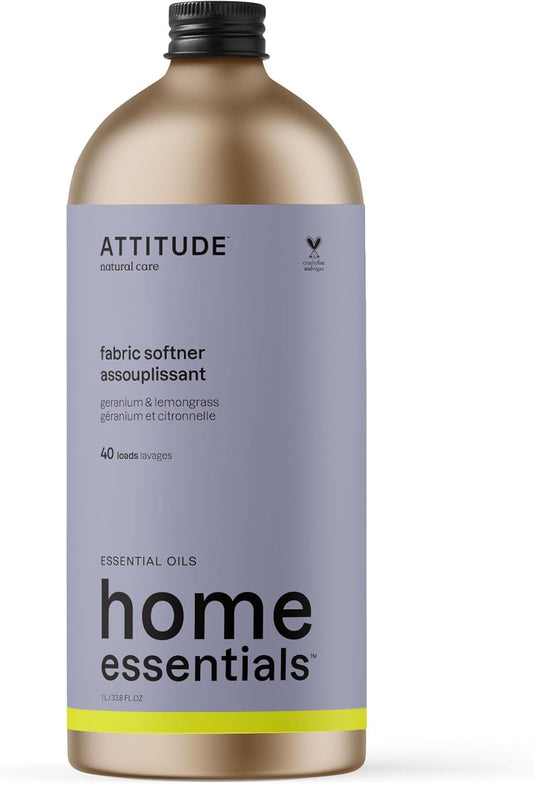 ATTITUDE Fabric Softener with Essential Oils, Vegan, Plant and Mineral-Based Ingredients, HE, Refillable Aluminum Bottle, 40 Loads, Geranium and Lemongrass, 33.8 Fl Oz