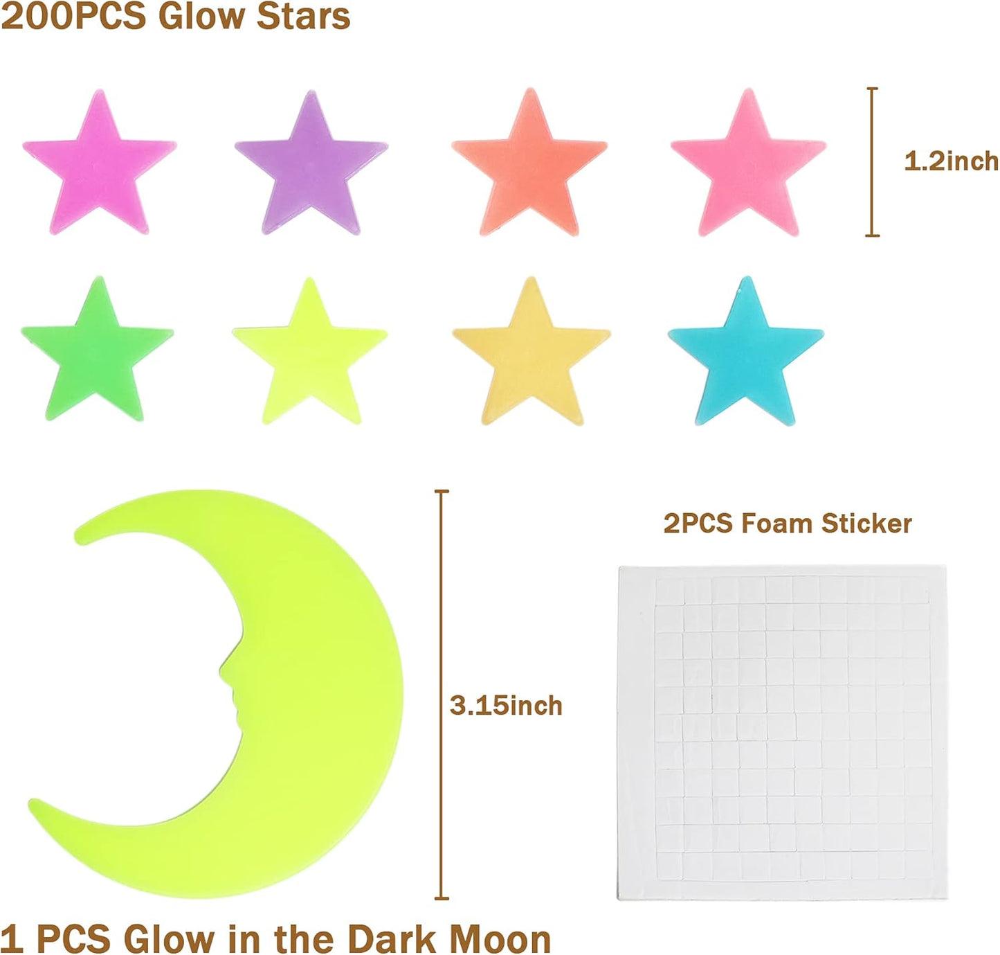 Glow in The Dark Stars and Moon Stickers for Ceiling - 200pcs 3D Luminous Adhesive Stars Create Realistic Starry Sky - Room Decor for Kids Bedroom, Wall Stickers