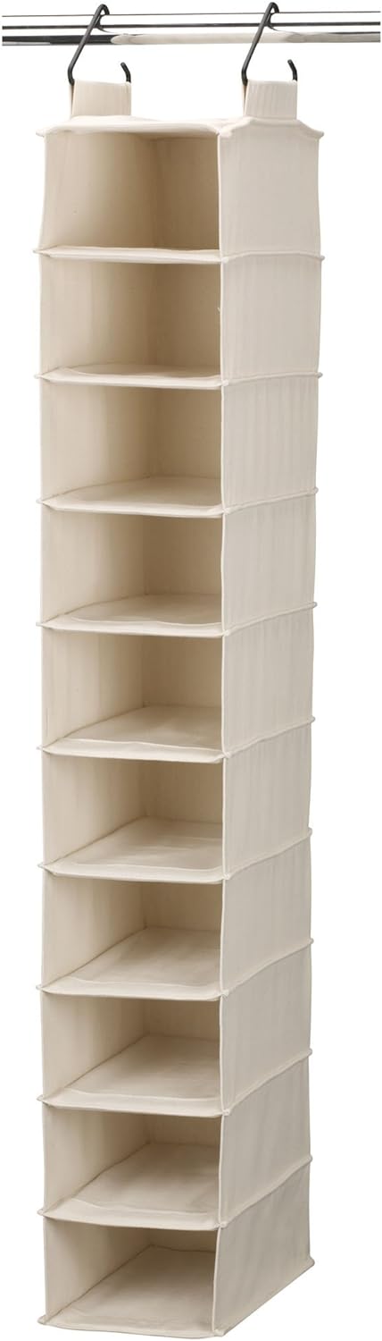 Household Essentials Hanging Shoe Organizer, 10 Wide Cubbies with Cedarline Pockets, Heavy-Duty Cotton Canvas, Removable and Industrial Hooks, Natural