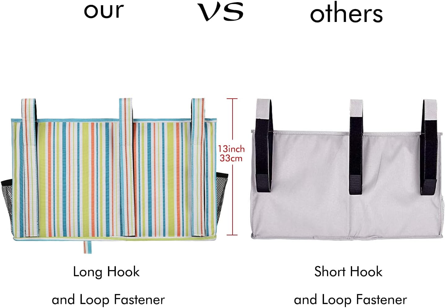 Surblue Bedside Caddy Hanging Bed Organizer Storage Bag Pocket for Bunk and Hospital Beds, College Dorm Rooms Baby Bed Rails, Camp 8 Pockets, (Large, Green Stripe)