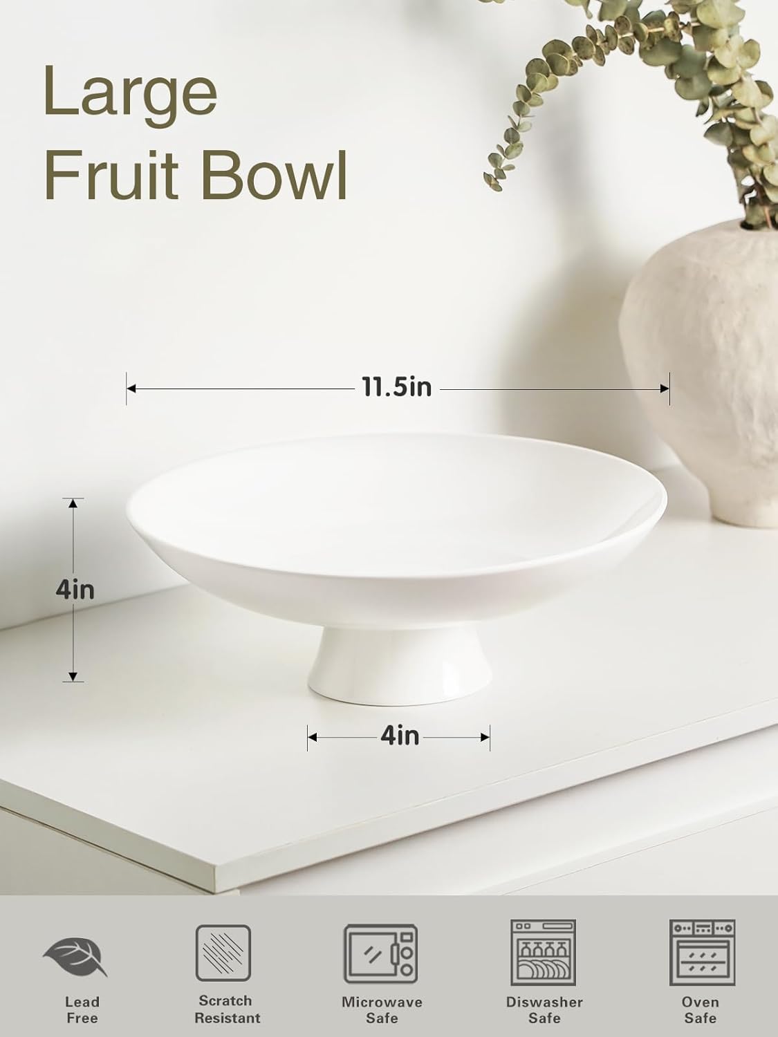 Kanwone Large Fruit Bowl for Kitchen Counter - Decorative Bowls for Home Décor - Ceramic Fruit Bowl, Pedestal Bowl - Modern Key Bowl for Entryway Table - 11.5 Inches, White