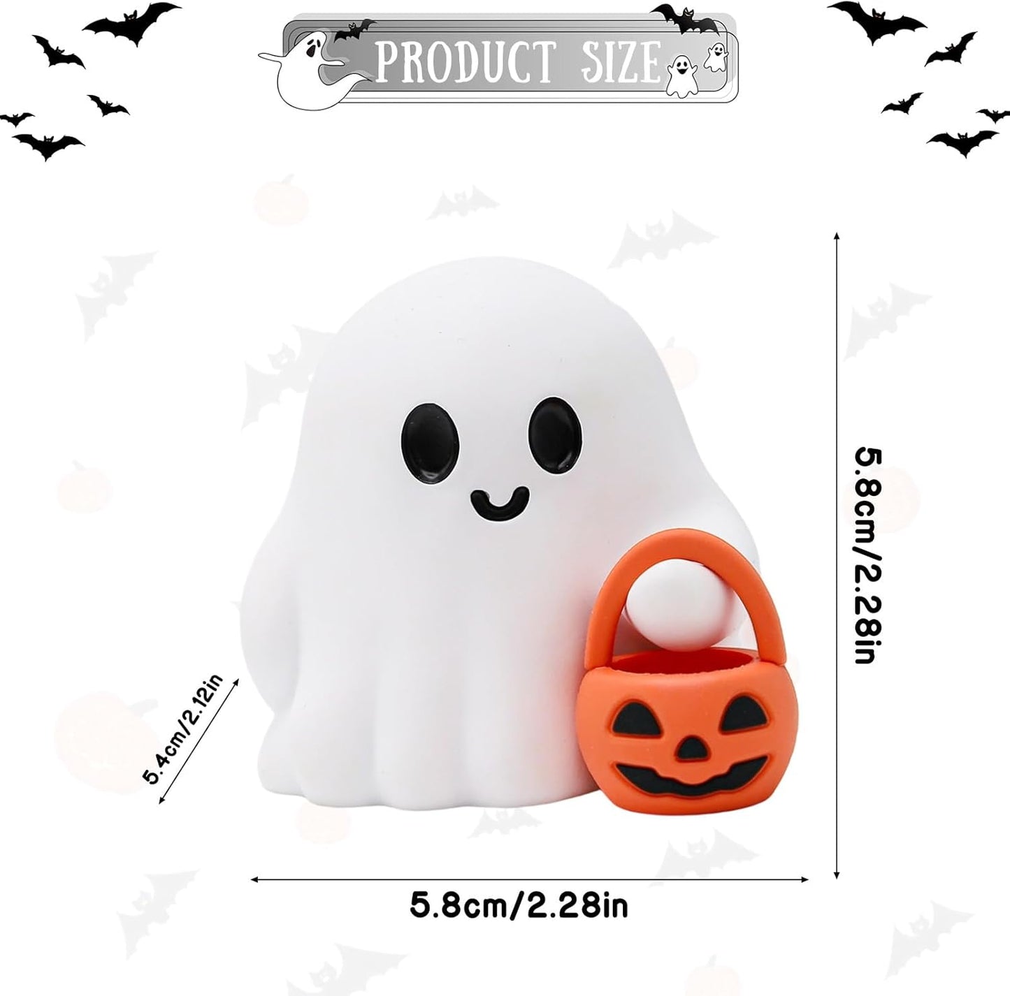 Halloween Ghost Figurine Cartoon Cute Spooky Carrying Pumpkin Basket Desk Display Ornament Tiny Trick or Treat Ghost Resin Halloween Statue for Home and Office Tabletop Decor Supplies