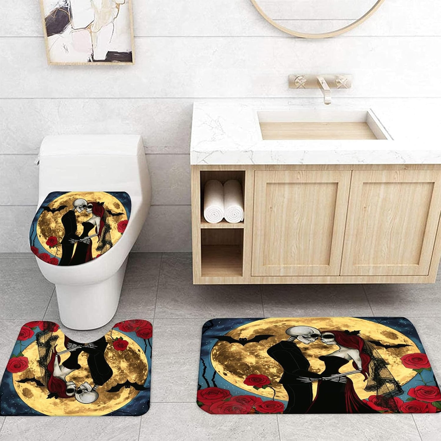 NEWSUYAA Halloween Decorations Shower Curtain Set with Non-Slip Rugs and Bath Mats,Black Skull Skeleton Bathtub Curtains with 12 Hooks,All Saints'Day (Nov 1st) Bathroom Decor