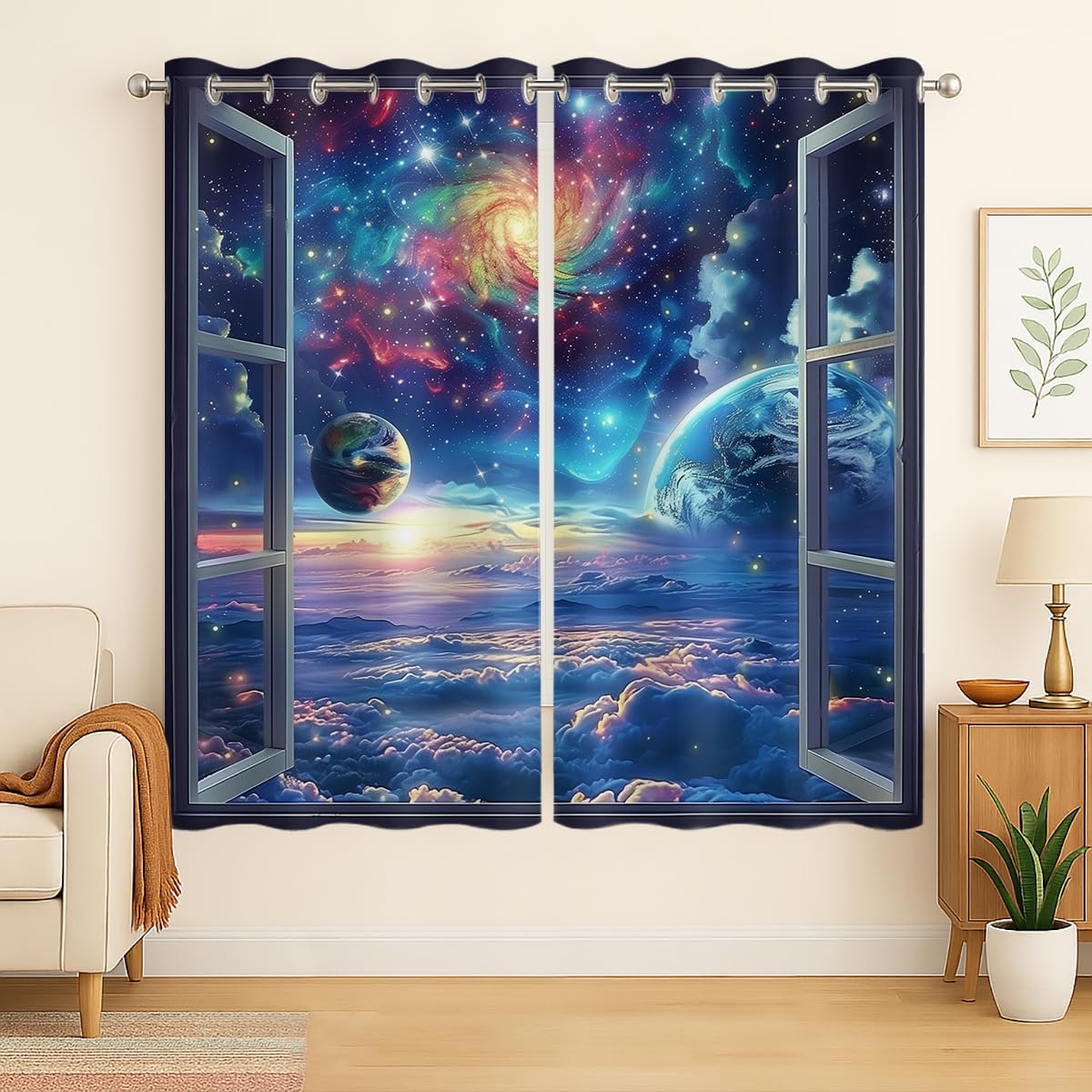 Space Galaxy Blackout Curtains for Girls Boys Kids Home Decor, Universe Nebula Galaxies Solar Planet Grommet Thermal Insulated Drapes Darkening Window Curtain for Bedroom Living Room, 42 x 45 Inch