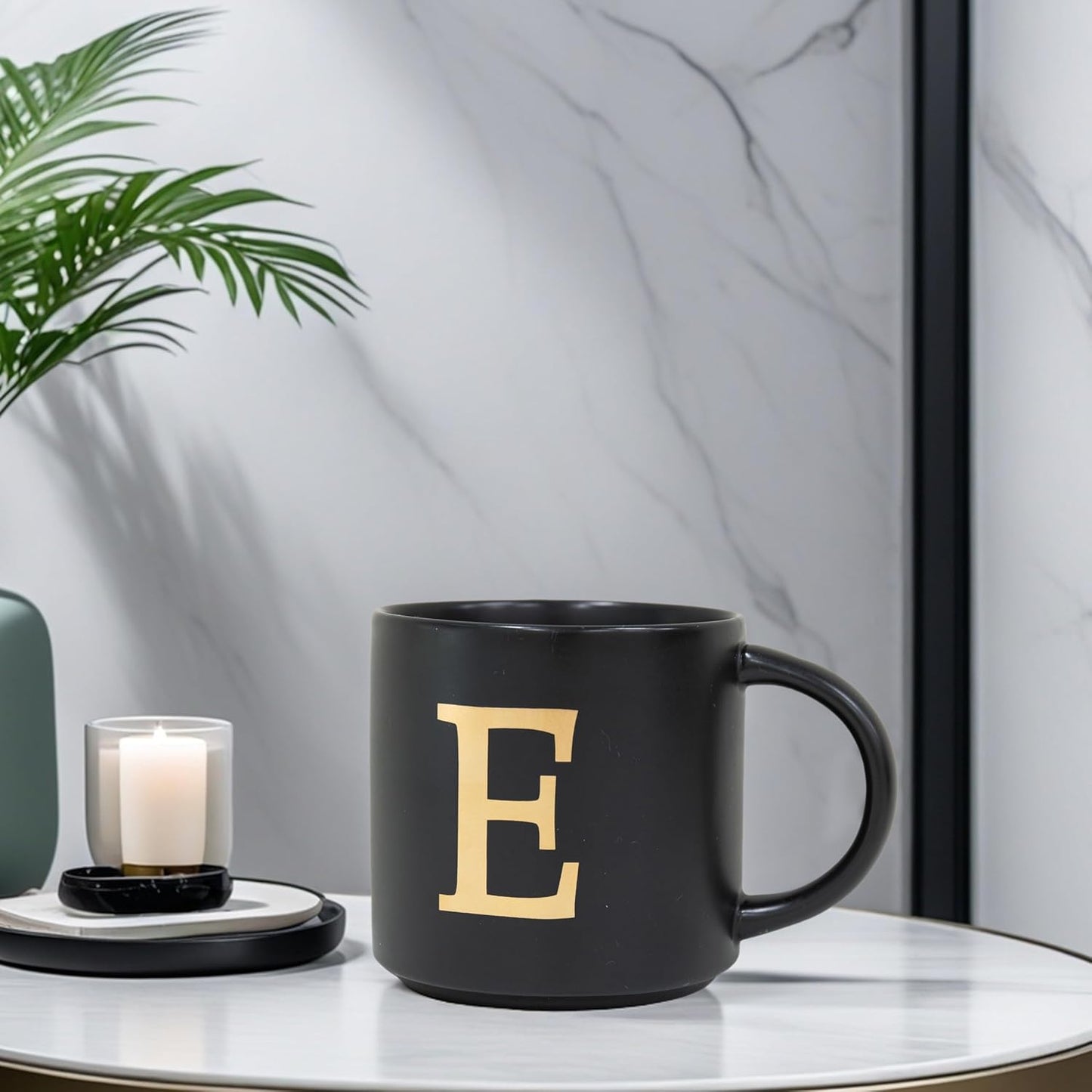 COLLECTIVE HOME - Monogram Ceramic Mugs, 15 oz Golden Initial Black Coffee Cups, Elegant Alphabet Tea Mugs, Elegant Personalized Mug with Gift Box, Unique Mug with Double Side Capital Lette (E)