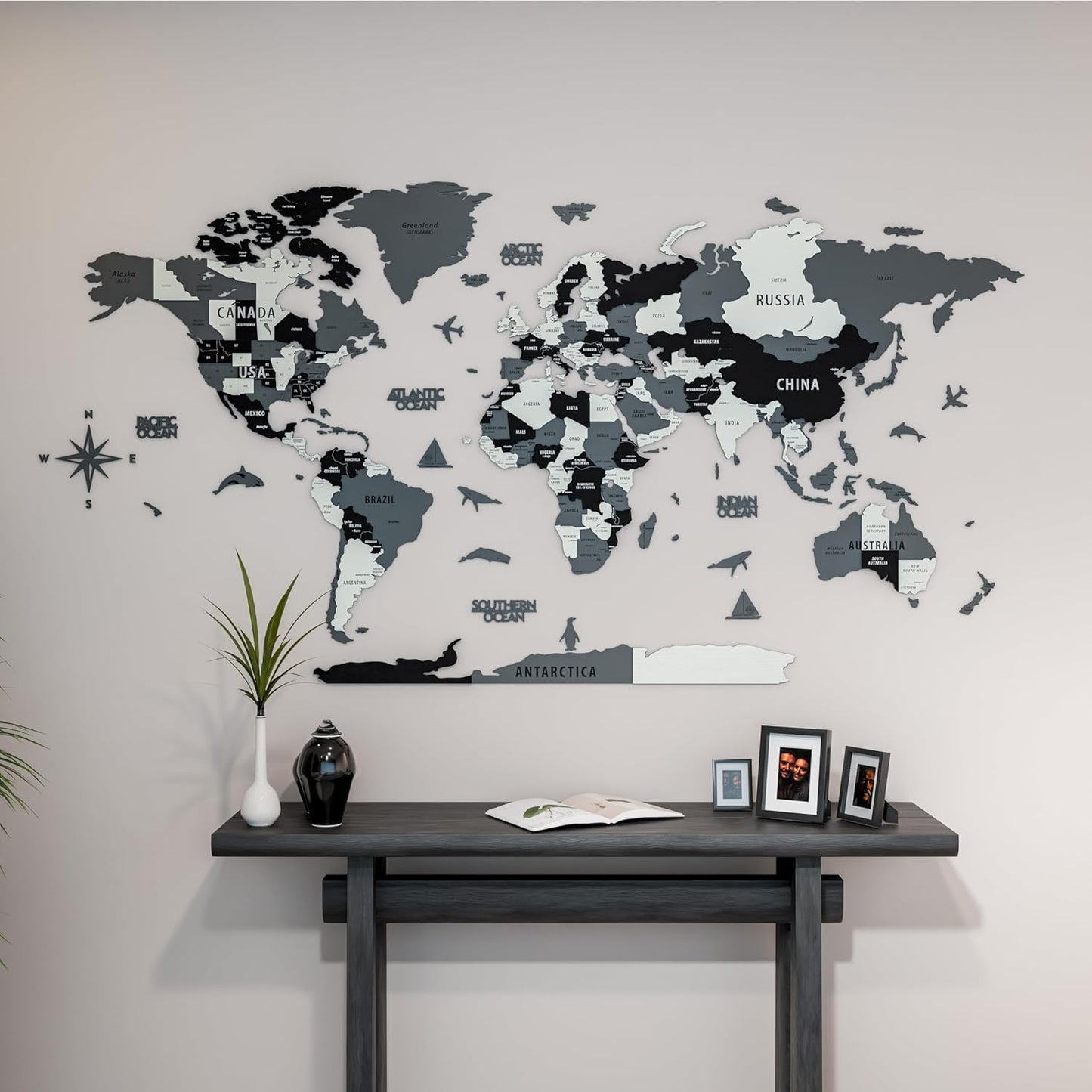 Colorfull Worlds 3D Wooden World Map Wall Art | Unique Wall Decor with Pins for Travel Enthusiasts | Home and Office Wall Décor | Grey | XXLarge