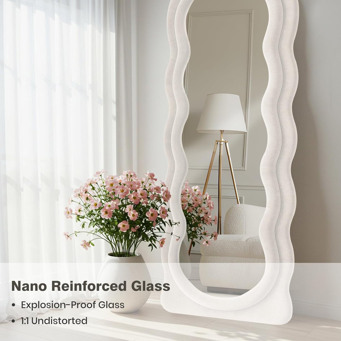 Full Length Mirror 63"x24" Arched Wavy Full Body Wall Mounted Floor Mirror with Stand Ivory Flannel Frame Leaning Hanging Wall Mirror for Bedroom Entrance