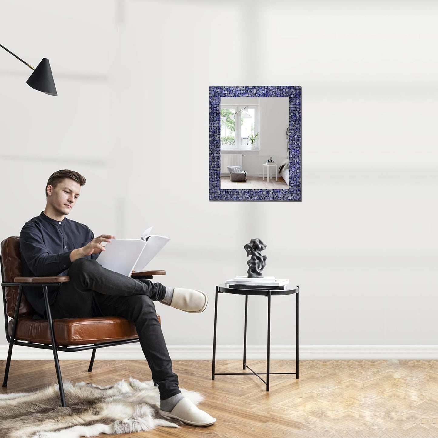 30" x 24" Glass Mosaic Framed Decorative Wall Mirror, Handmade Eclectic Accent Mirror, Unique Vanity Mirror (Lapis Blue)