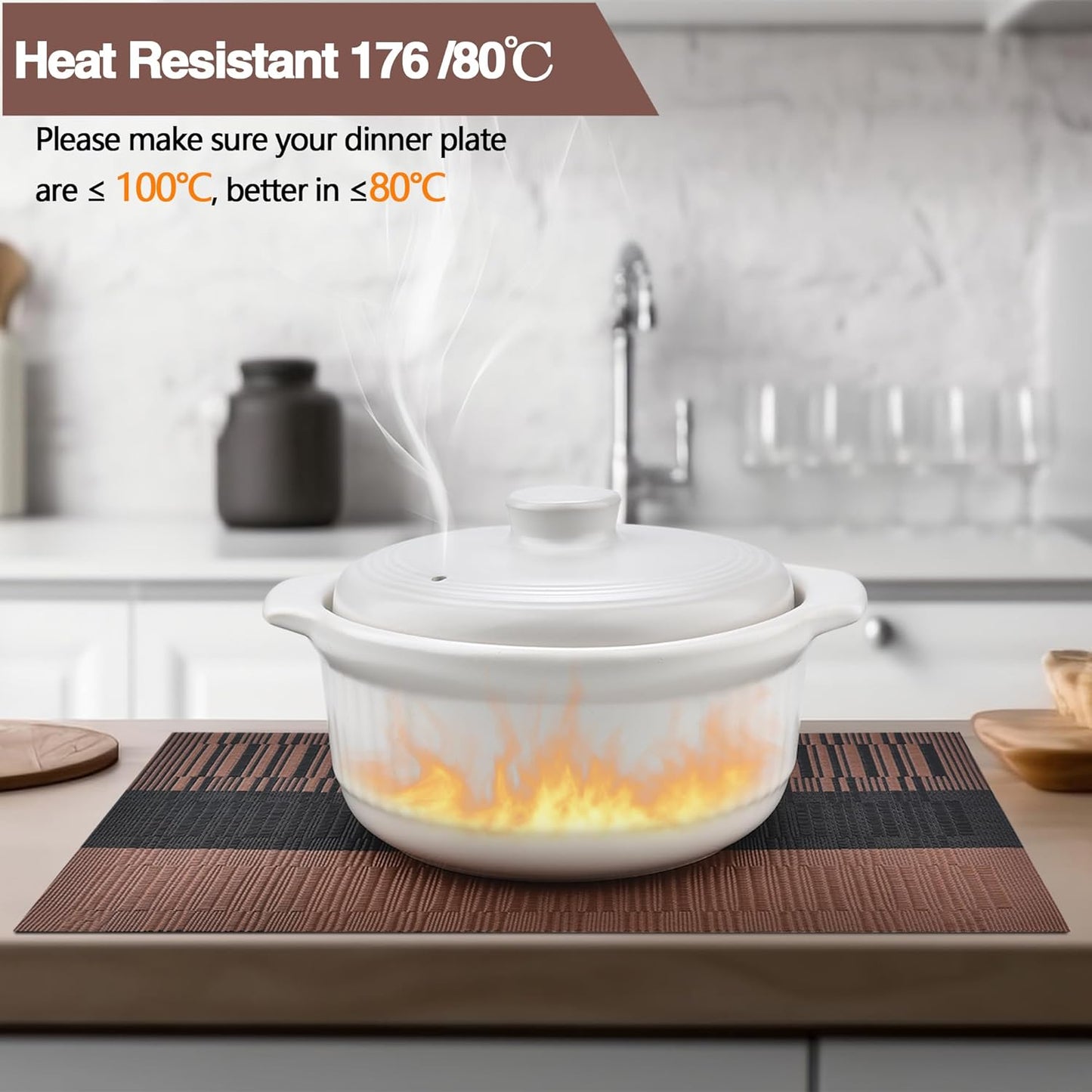 Placemats Set of 8 - Easy Clean Modern Durable Washable Vinyl Place Mats - Heat Resistant Placemats for Kitchen Table - PVC Table Mats for Dining Table (Brown Black, 8)