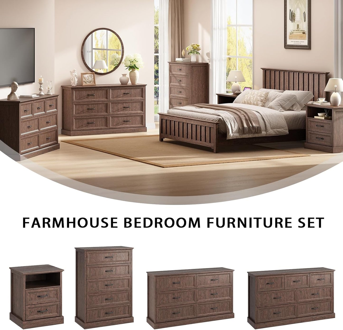 Farmhouse 6 Drawer Dresser for Bedroom, 55 Inch Wide Modern Brown Dresser TV Stand with Large Drawers & Bar Handles, Rustic Wood Chest of Drawers for Bedroom, Living Room, Hallway, Entryway.