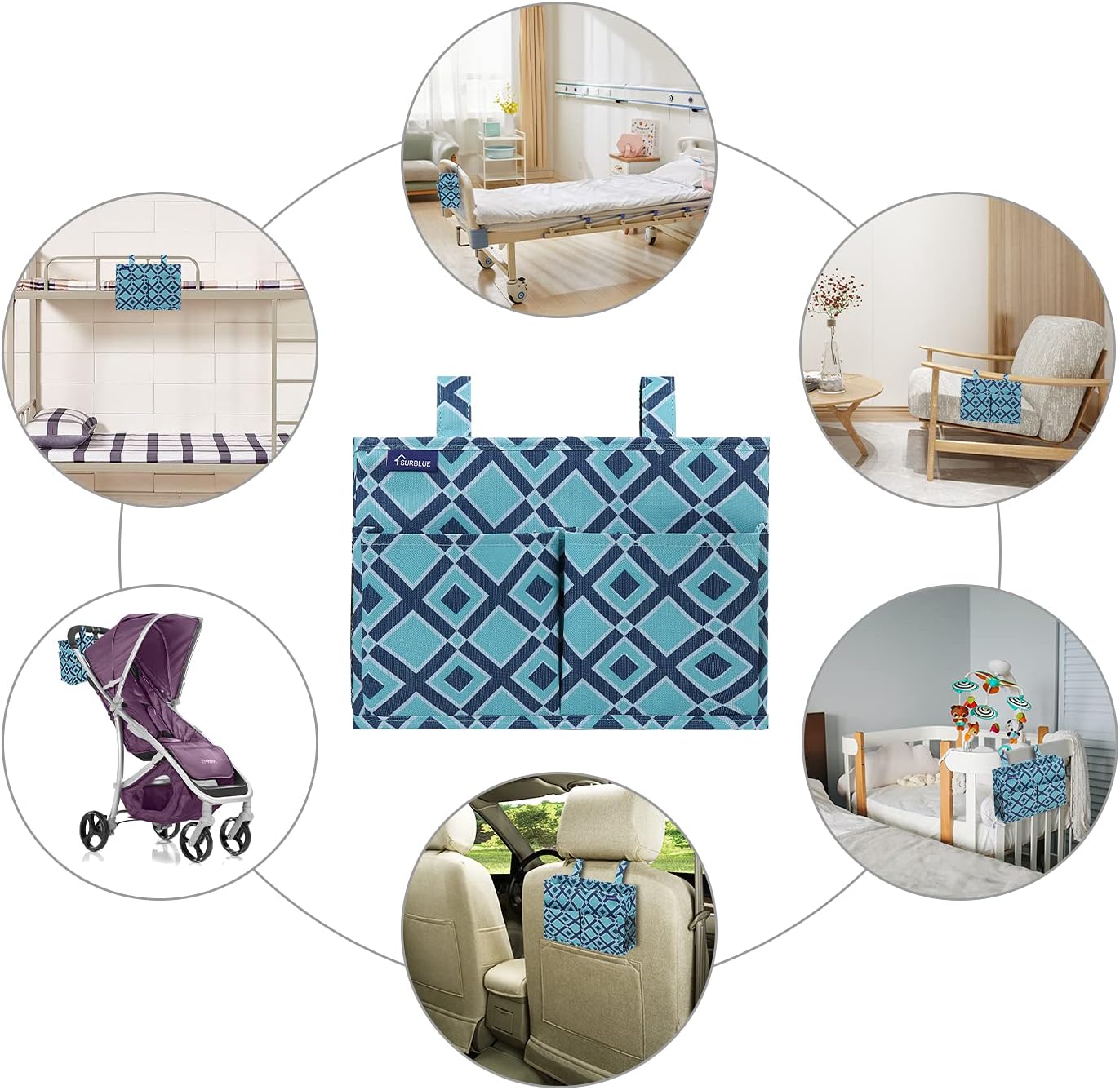 Surblue Caddy Hanging Organizer Bedside Storage Bag for Bunk and Hospital Beds, Blueplaid, Small