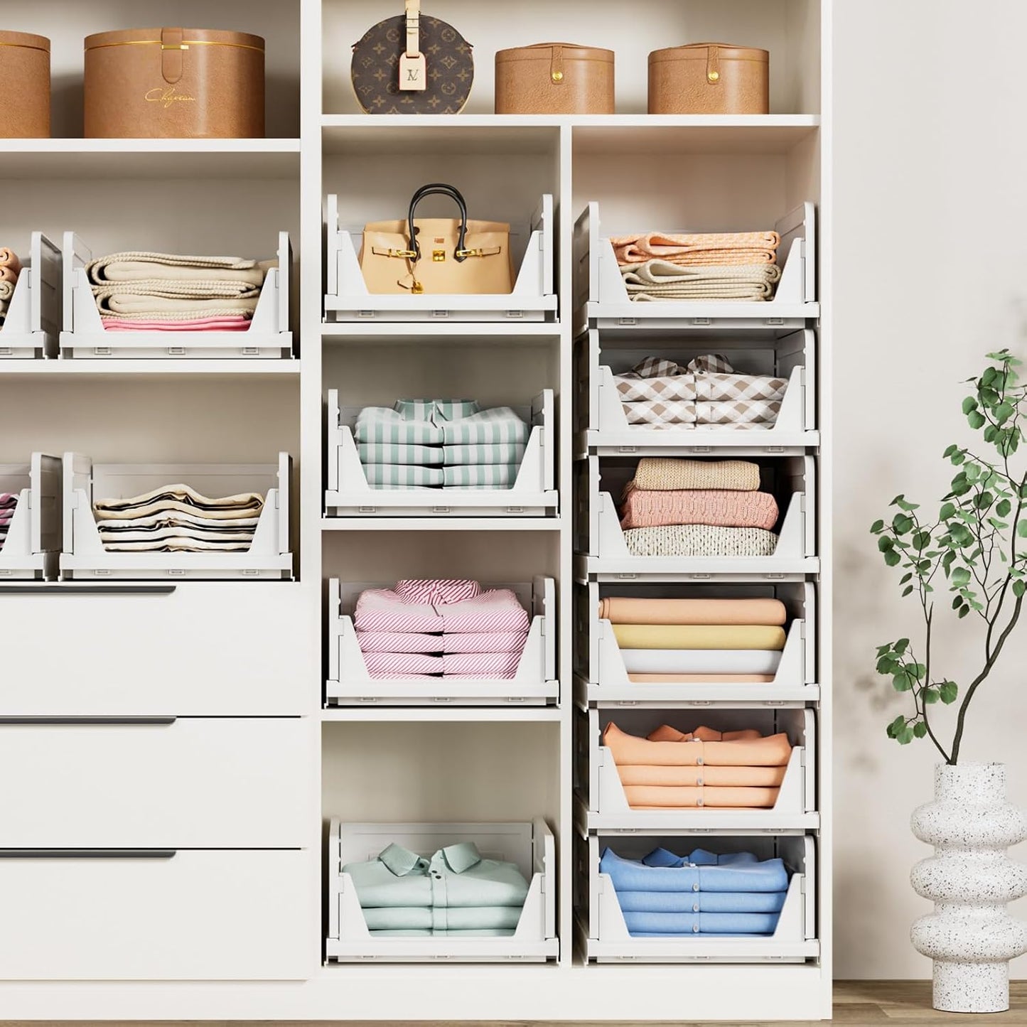 6 Pack Stackable Closet Storage Basket - Stackable Storage Bins, Multifunctional & Foldable Closet Organizer, Wardrobe Storage Space-Saving Clothes Storage Drawer Organizer, White