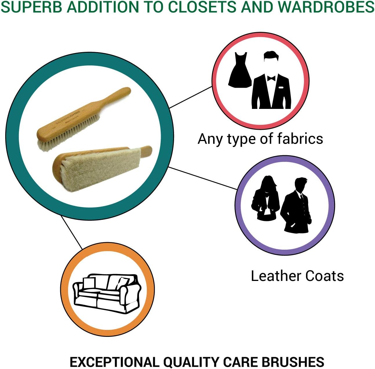 Valentino Garemi Ultra-Soft Goat Hair Cleaning Brush | for Elegant Delicate Flat Fabrics Suits, Jacket, Coats or Couch | Remove Dandruff, Dust, Pet Hair | Made in Germany