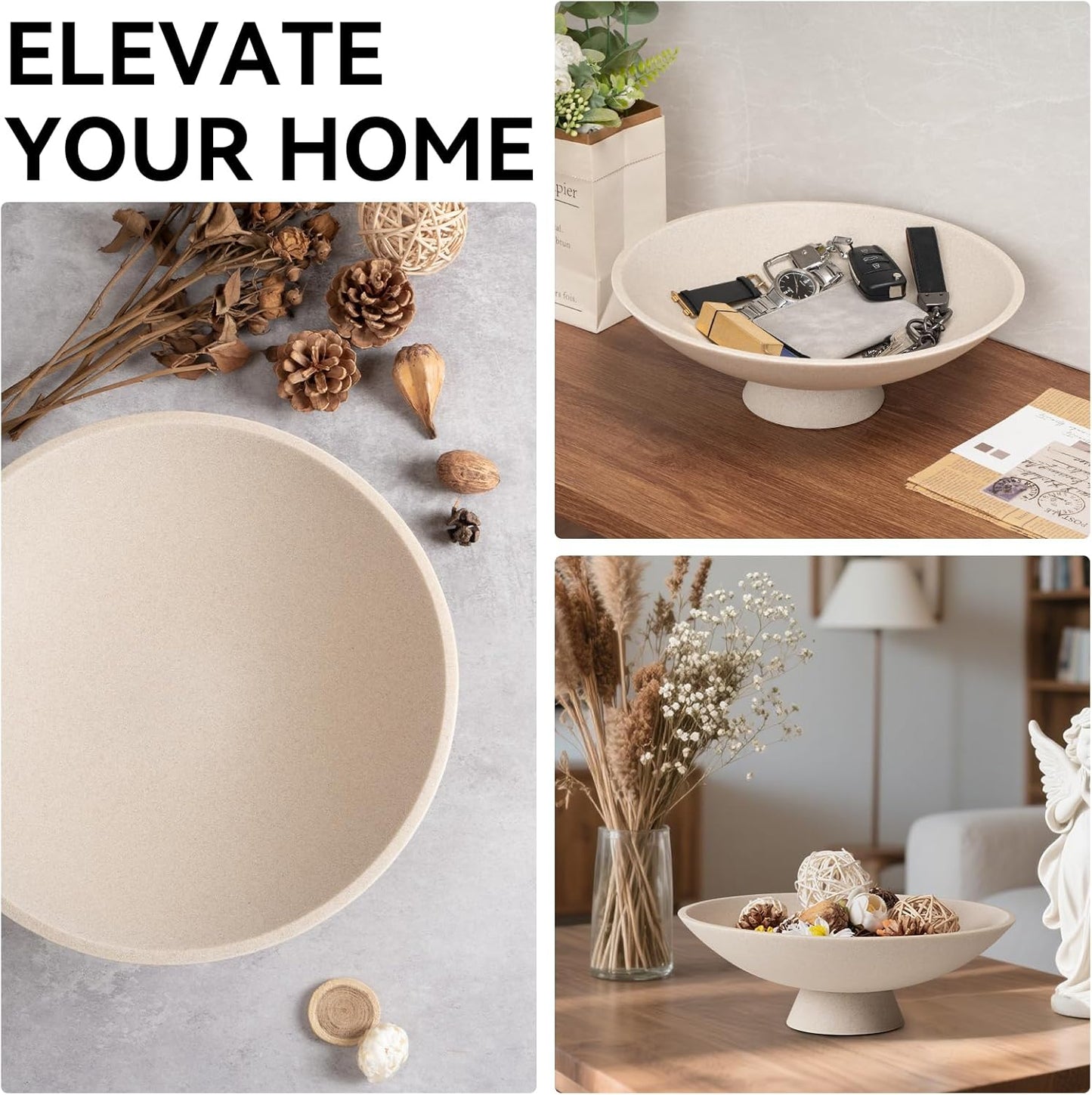 Decorative fruit bowl for Home Decor Large Modern Handicraft Key Bowl for Entryway Table Stylish Centerpiece Purse Bowl Pedestal bowl for Kitchen Counter Coffee Table(Artificial Stone Beige)