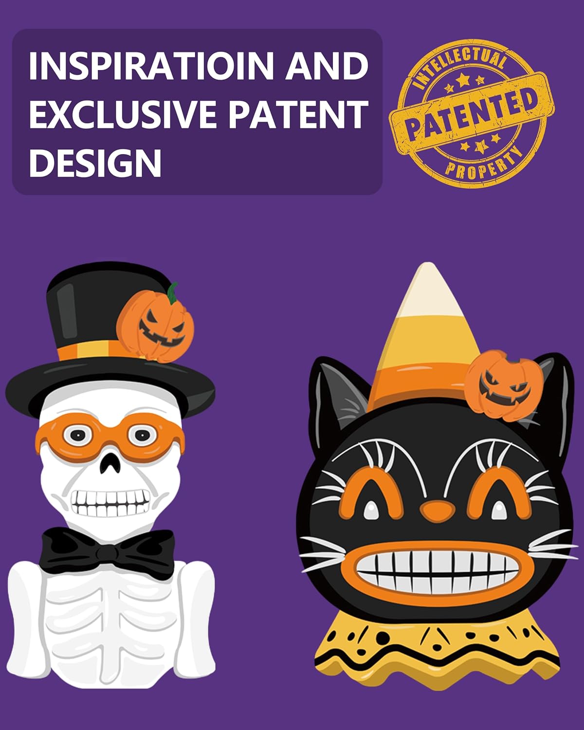 Vintage Halloween Decorations Indoor - 2-Pack 4.7'' Resin Skeleton Gentleman & Black Cat Figurine with Flickering Pumpkin Lights - Halloween Table Decor Ornaments Gifts (Jack-O’-Lantern)