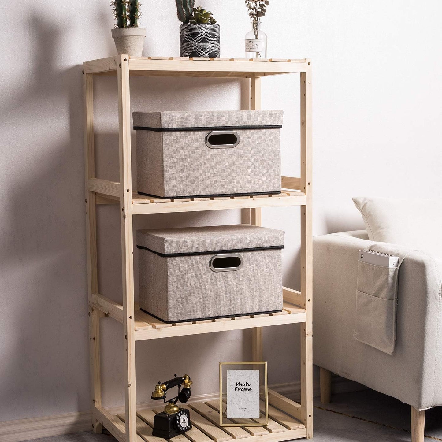 PRANDOM Foldable Storage Bin with Lid [5-Pack] Linen Fabric Decorative Storage Box Organizer Container Basket Cube with Handles Divider for Closet Office Living Room Light Grey(14.9x9.8x9.8)