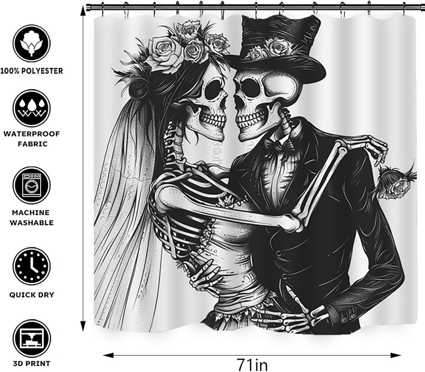 NEWSUYAA Halloween Decorations Shower Curtain Set with Non-Slip Rugs and Bath Mats,Black Skull Skeleton Bathtub Curtains with 12 Hooks,All Saints'Day (Nov 1st) Bathroom Decor