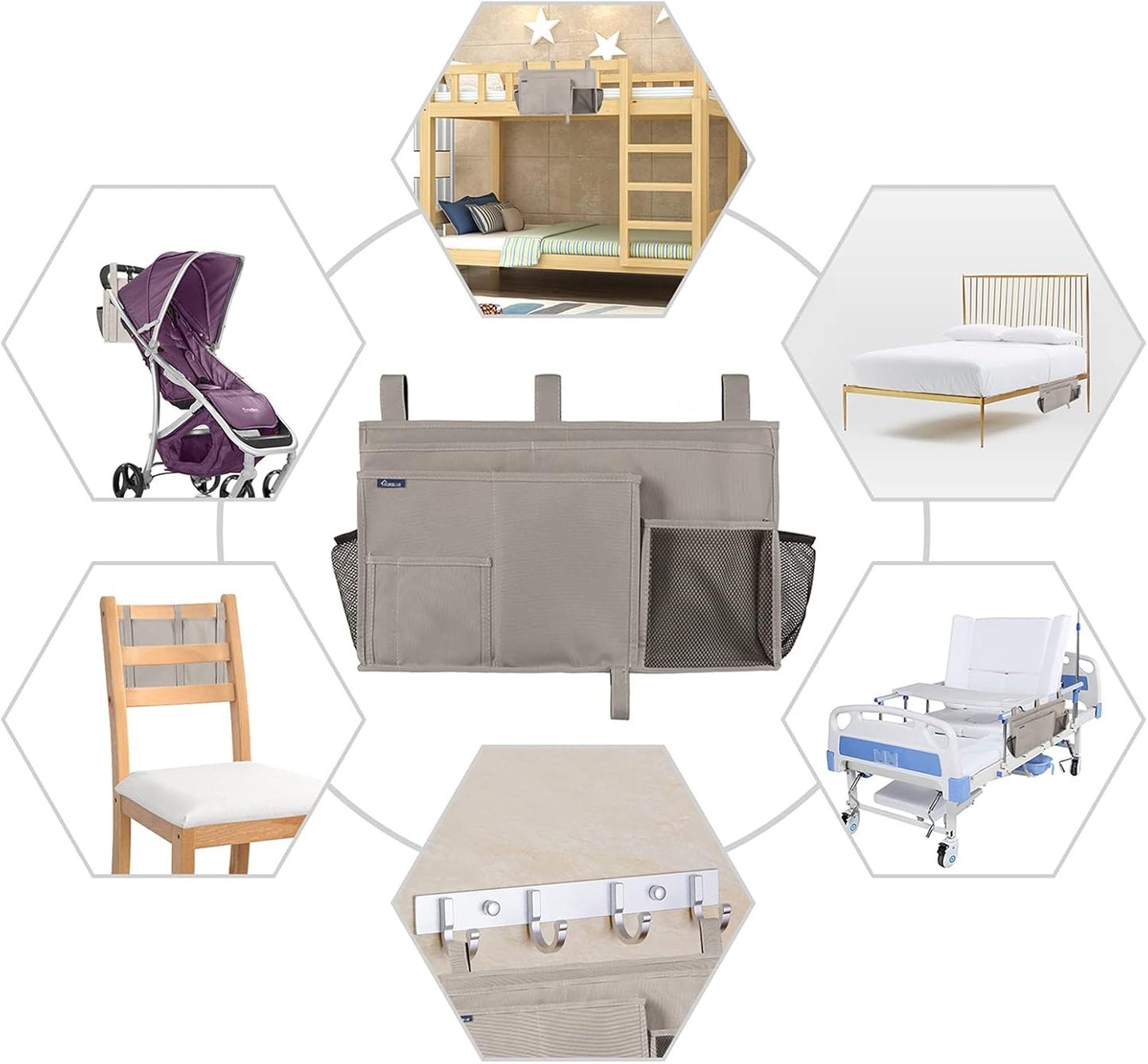 Surblue Bedside Caddy Hanging Bed Organizer Storage Bag Pocket for Bunk and Hospital Beds, College Dorm Rooms Baby Bed Rails,Camp (8 Pockets),Gray