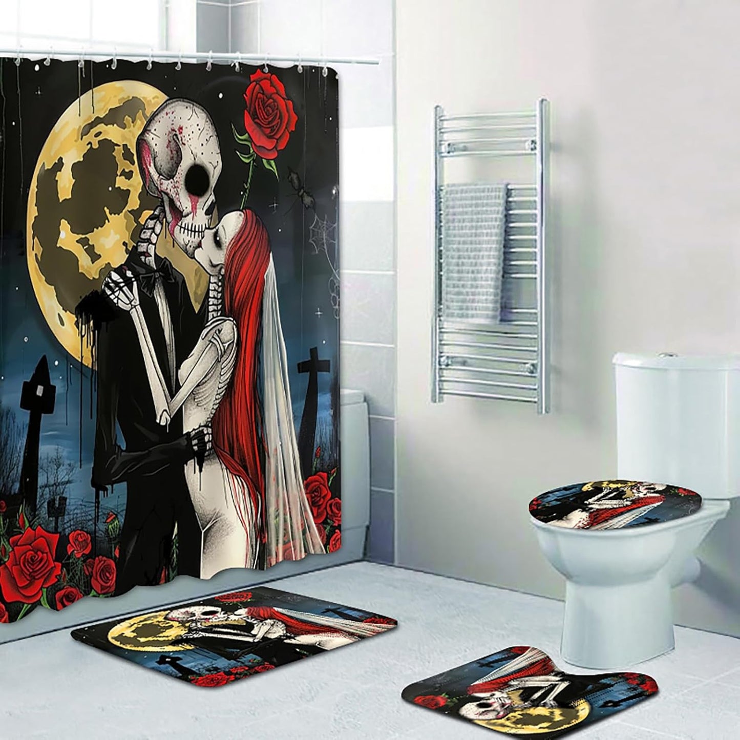 NEWSUYAA Halloween Decorations Shower Curtain Set with Non-Slip Rugs and Bath Mats,Black Skull Skeleton Bathtub Curtains with 12 Hooks,All Saints'Day (Nov 1st) Bathroom Decor