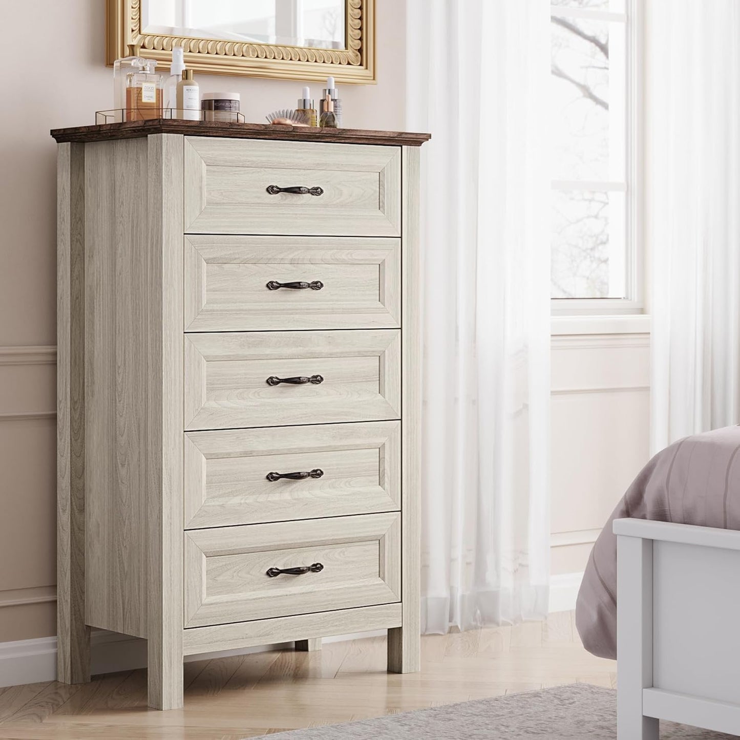 LINSY HOME 5 Drawers Dresser for Bedroom, Wood Tall Bedroom Chest of Drawers with Metal Handle, Farmhouse Dressers Organizer for Living Room, Closet, Hallway, White Oak