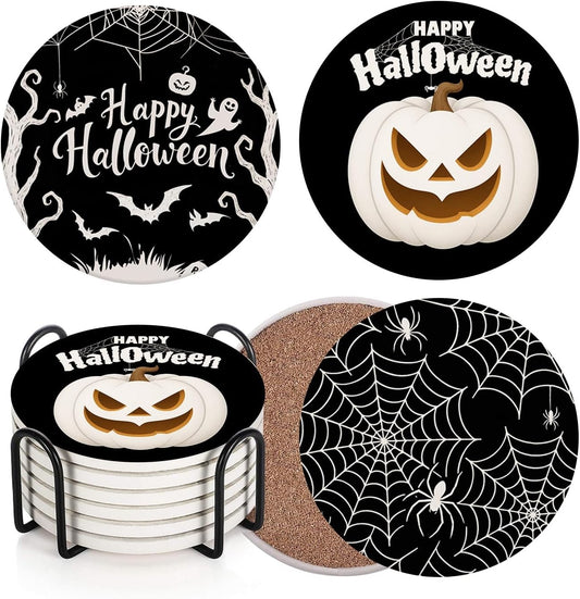 Coaster for Drinks Set of 6, Happy Halloween Pumpkin Spider Web Black Absorbent Round Ceramic Stone Mat, with Cork Base and Metal Holder, Gift for Housewarming Room Bar Decor