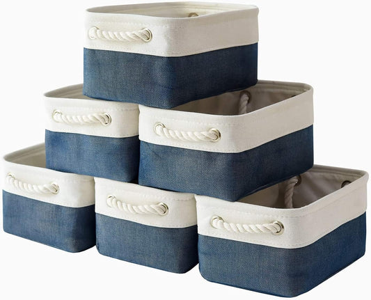 TheWarmHome Storage Basket for Organizing - Small 12x8x5.2 inch 6 Pack Collapsible Storage Bin for Shelves, Canves Storage Cubes for Organizer Cloth Box Gift Toys Closet (White & Jean Blue)