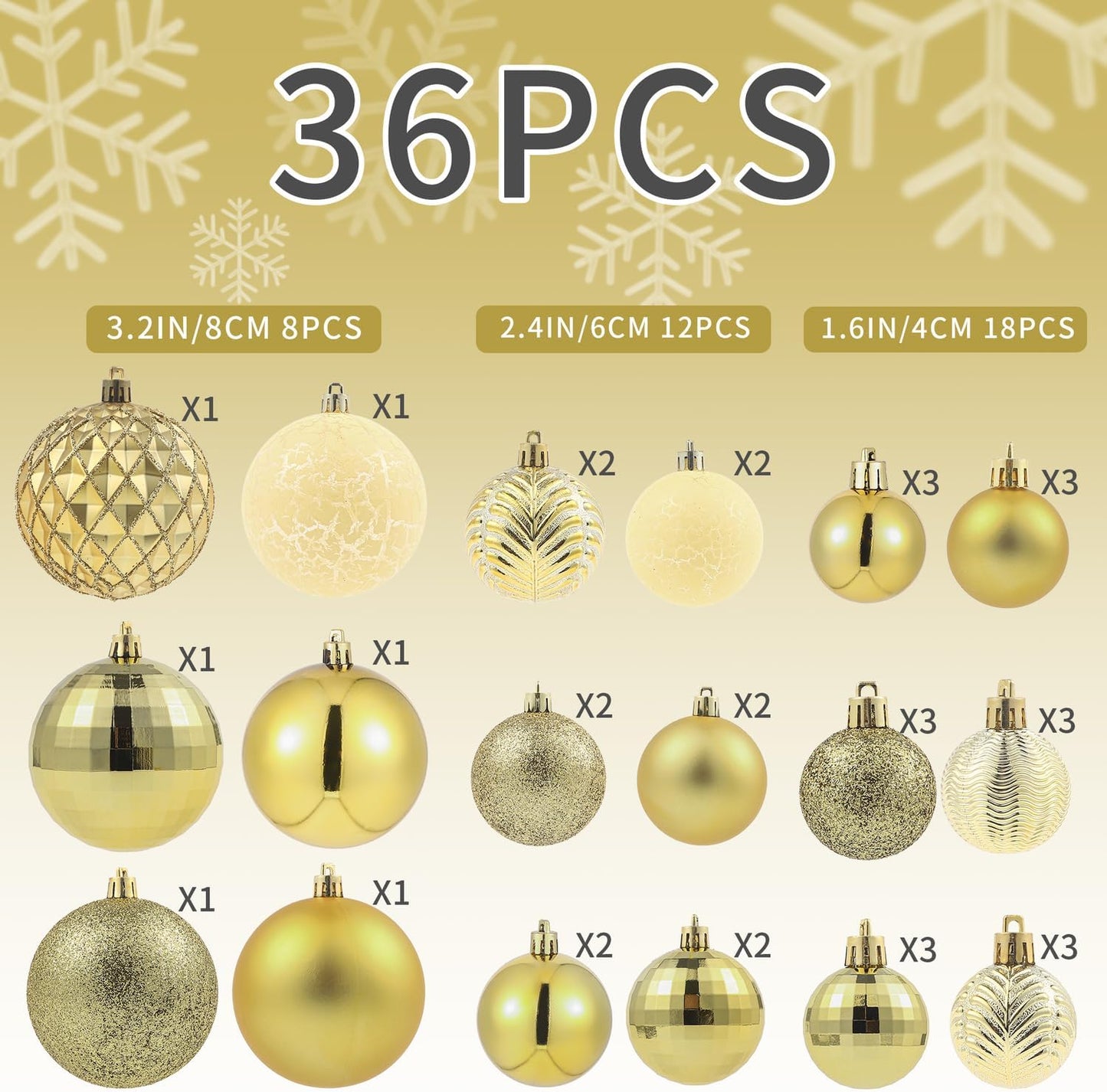 LANGXUN 36pcs Gold Christmas Tree Decorations Balls, Bolas De Navidad, 2025 Christmas Decor, Indoor Outdoor Shatterproof Christmas Ornaments, Xmars Party Wedding Suppiles