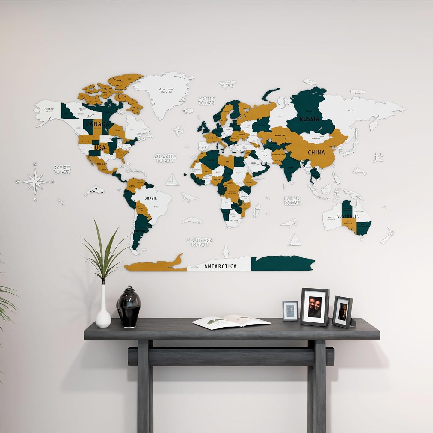 Colorfull Worlds 3D Wooden World Map Wall Art | Unique Wall Decor with Pins for Travel Enthusiasts | Home and Office Wall Décor | Gold-Blue | XLarge