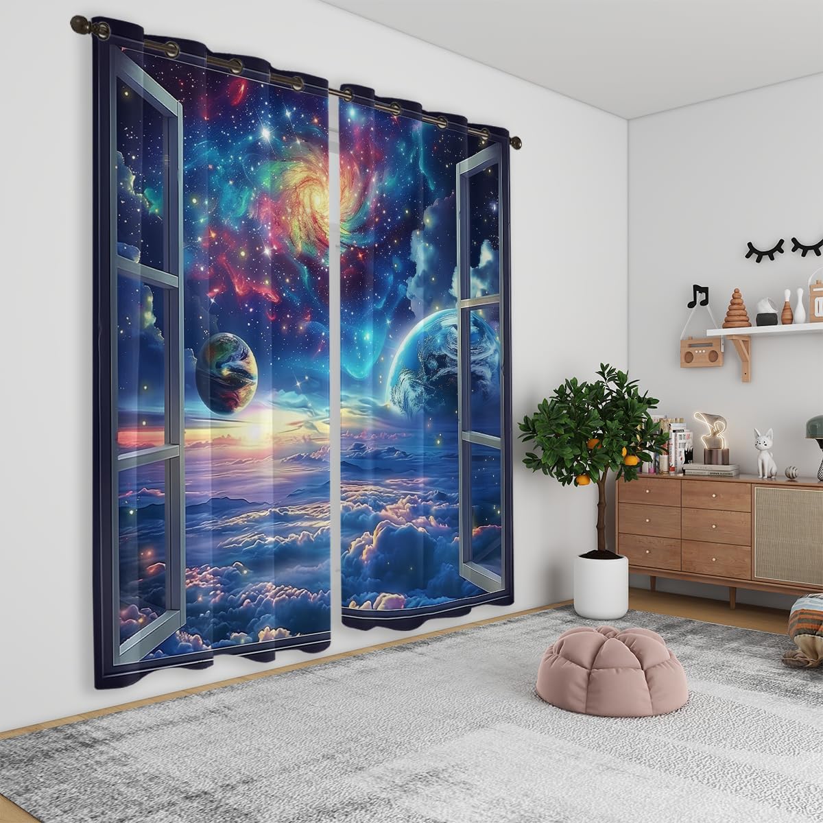 Space Galaxy Blackout Curtains for Girls Boys Kids Home Decor, Universe Nebula Galaxies Solar Planet Grommet Thermal Insulated Drapes Darkening Window Curtain for Bedroom Living Room, 72 x 63 Inch