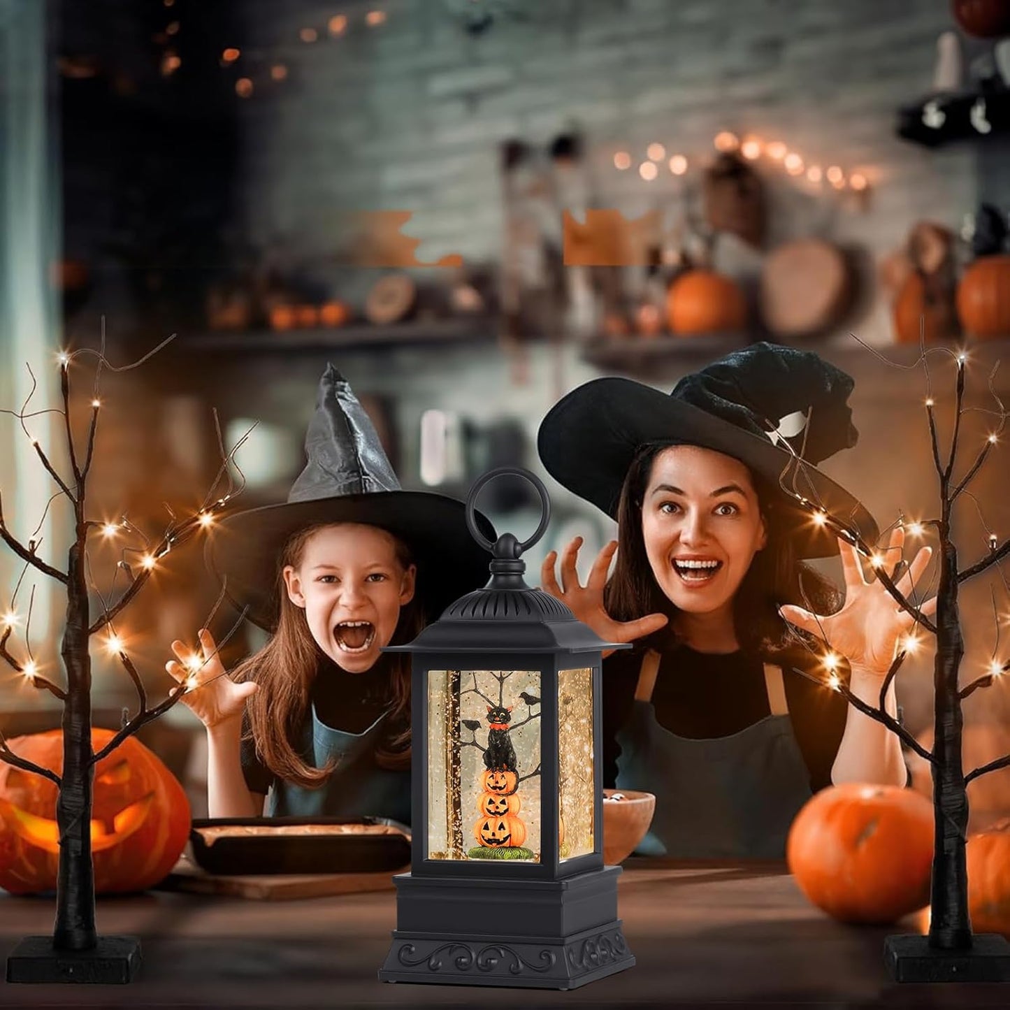 10'' Halloween Snow Globe, Lighted Musical Glitter Globe, Battery Operated or USB Powered Glitter Lantern for Spooky Halloween Festival Party Home Table Decorations (Pumpkin and Black Cat Combo)
