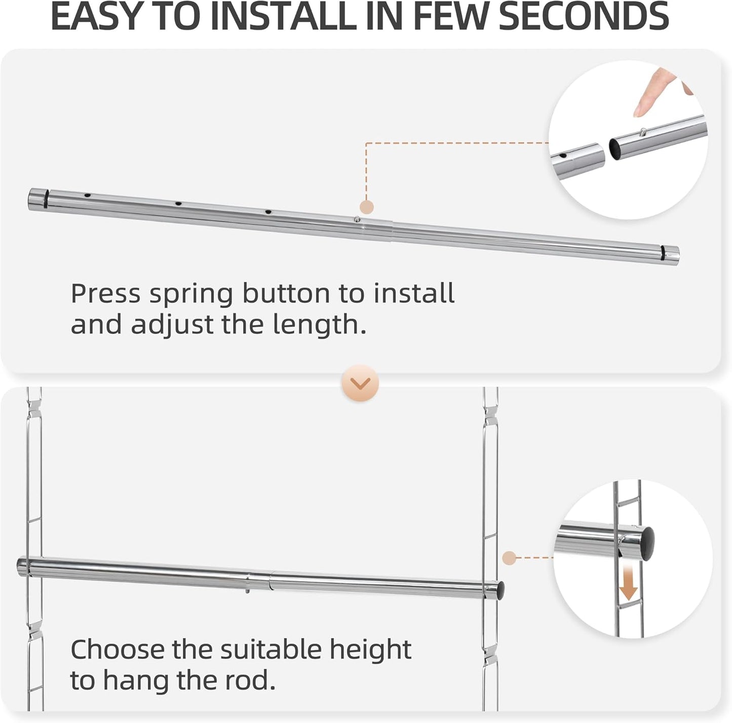 STORAGE MANIAC Hanging Closet Rod, Adjustable Width and Height Closet Hanging Organizer, Space-Saving Clothes Hanging Bar, Closet Extender Hanging Rod Double Closet Hanging Rod, 1 Pack Chrome