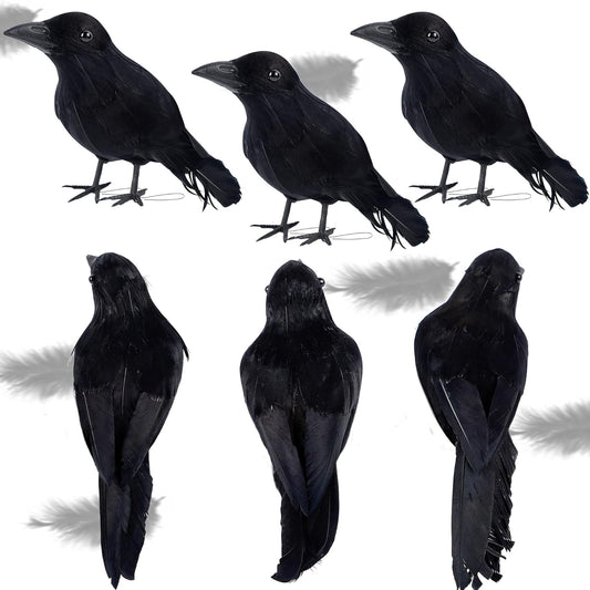 ATDAWN 6 Pack Halloween Black Feathered Crows, Realistic Halloween Birds Decoration for Spooky Decor