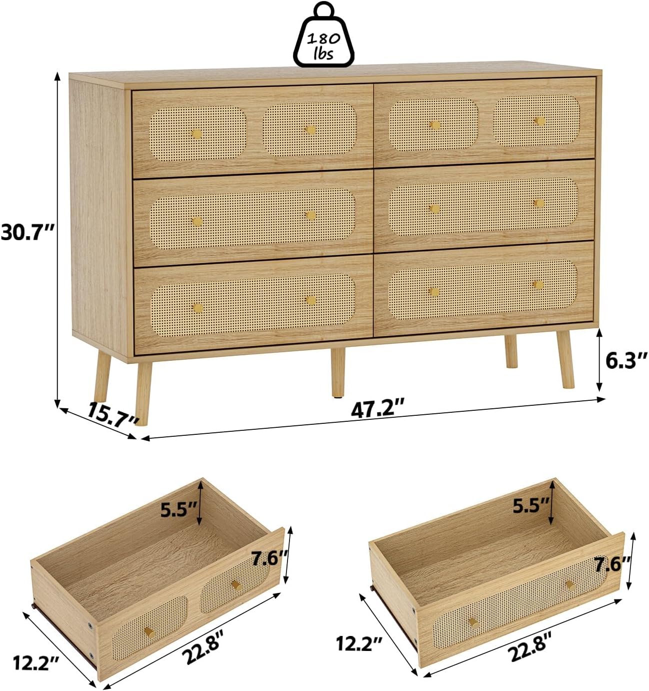 SINROM® Rattan Dresser for Bedroom, Modern 6 Drawer Dresser with Gold Handles, Wood Storage Chest of Drawers for Bedroom, Living Room, Hallway and Entryway, Natural