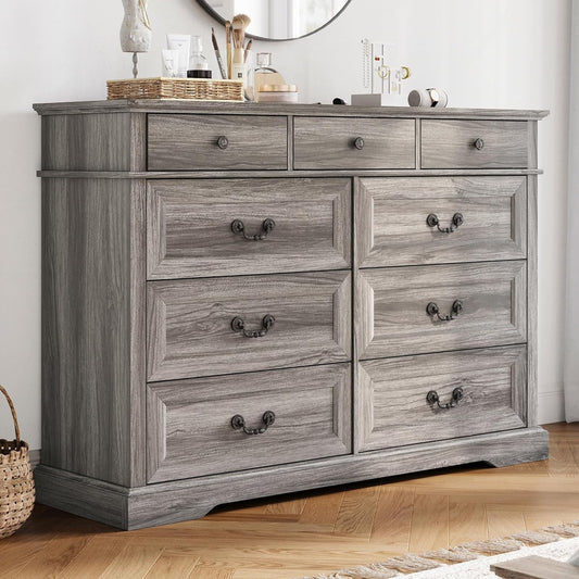 LINSY HOME Farmhouse 9-Drawer Dresser - Grey Chest of Drawers for Bedroom and Living Room Organization, Wood Dresser with Ample Storage Space and Rustic Charm, Grey