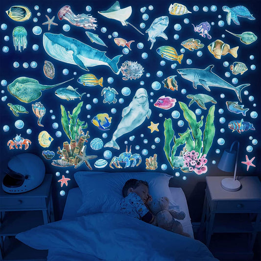 Glow in The Dark Fish Wall Decals, Under The Sea Wall Stickers Decals Decor Luminous Sea Life Animals Waterproof Stick Wall Decal for Kids Boys Bedroom Watercolor Ocean Creatures Decor