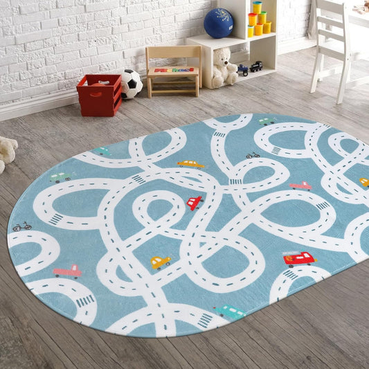 STARUIA Large Kids Playroom Rug, 4'x6' Washable Road Rug for Nursery, Non-Slip Fun Area Rugs for Kids Room, Blue Car Rugs Play Mat Soft Baby Carpet for Boys Girls Dorm Toy Room Tent
