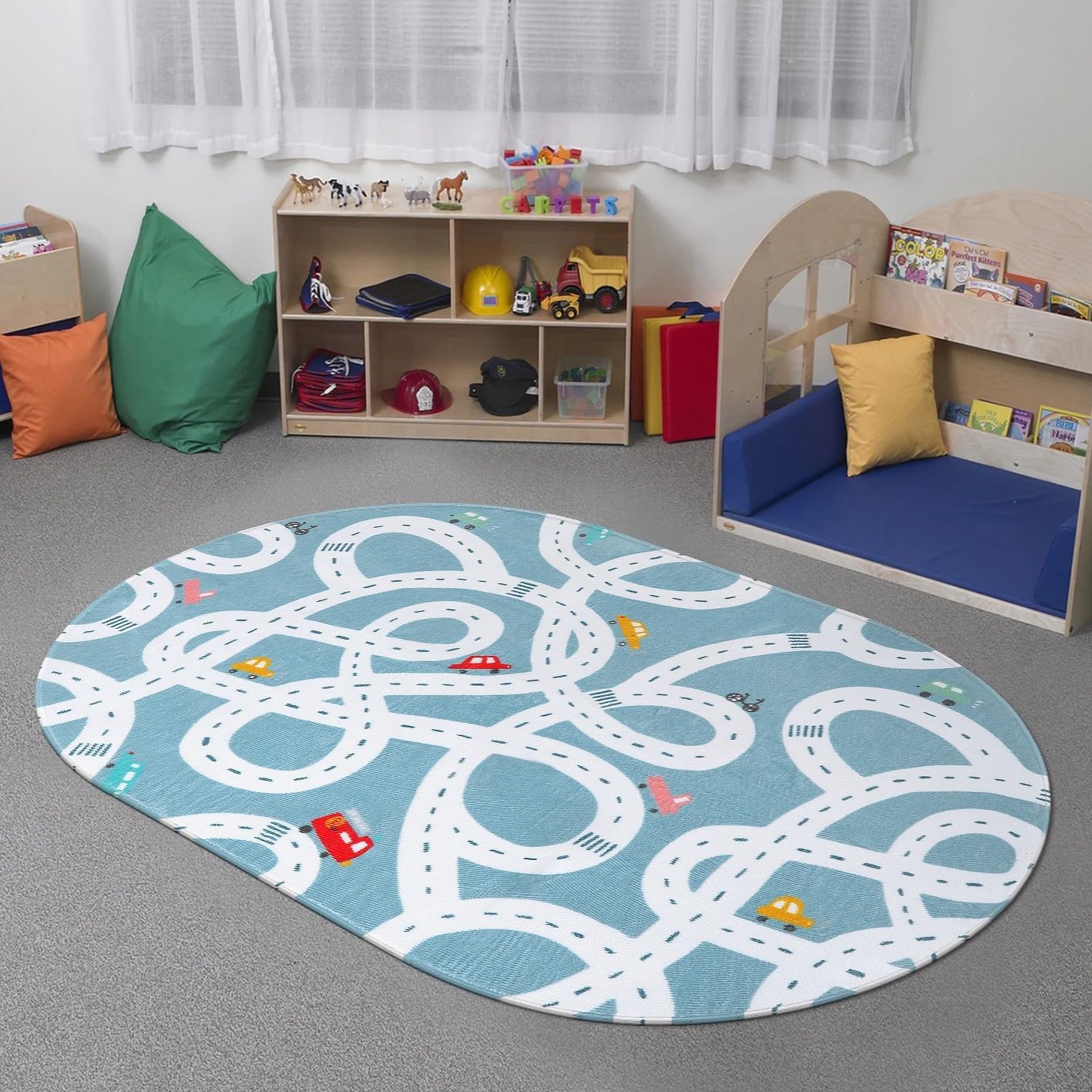 STARUIA Small Road Rug for Kids Room, 3'x5' Washable Kids Play Rug for Baby Nursery, Non-Slip Car Rugs for Playroom, Kid Play Mat Blue Traffic Carpet for Boys Girls Dorm Toy Room Tent