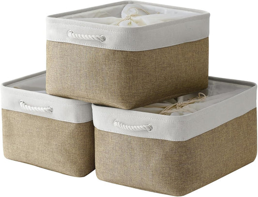 TheWarmHome Organization and Storage Basket for Organizing - X Large - 3 Pack 17.7L×13.8W×9.8H in Collapsible Storage Bin for Shelves, Fabric Basket for Gifts Organizer Toy Closet (White & Khaki)