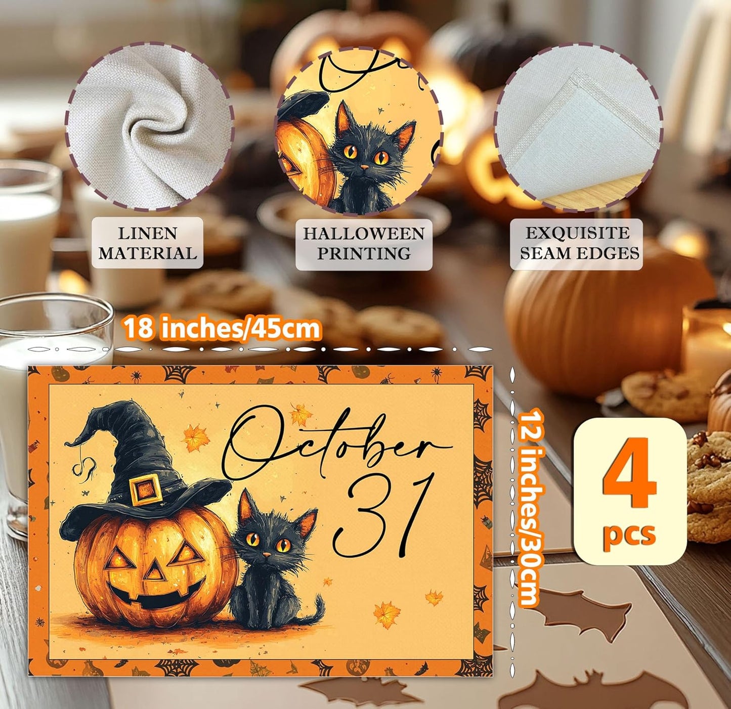 Halloween Pumpkin Placemats Set of 4, 12x18 Inch Pumpkin and Black Cat Table Mat, Washable Heat Resistant Place Mats for Kitchen Dining Table, Spooky Themed Decoration for Home-B09