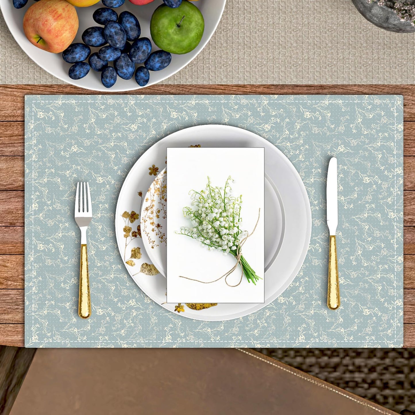 Blue Placemats Set of 4, Flower Table Mat for Home Kitchen, Restaurants, Outdoor Linen Washable Place Mats 12x18 inch Party Event Dining Decoration-13