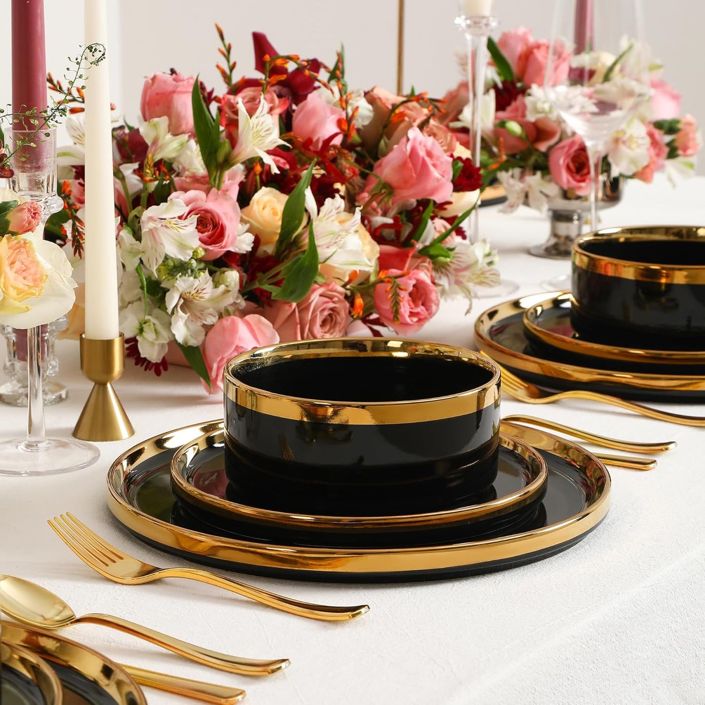 Christian Siriano Solene Stoneware Dinnerware, 24-Piece Plates and Bowls Set, Dish Set for 8, Black with Gold Rim, Glossy Finish, Hand Wash Only