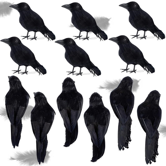 ATDAWN 12 Pack Halloween Black Feathered Crows, Realistic Looking Halloween Birds Decoration